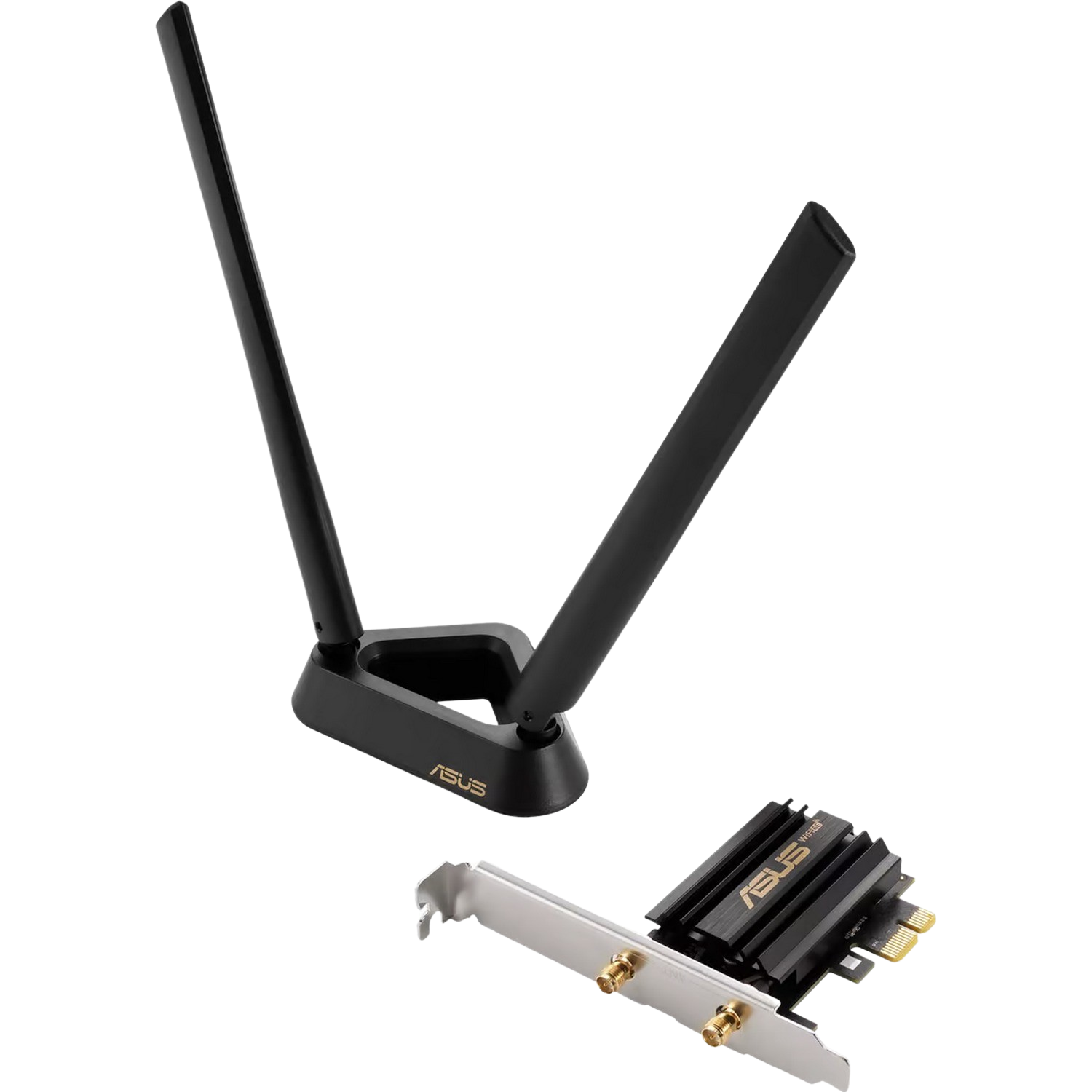 Adaptador WiFi ASUS con dos antenas y una placa de circuito. Las antenas son negras y anguladas.