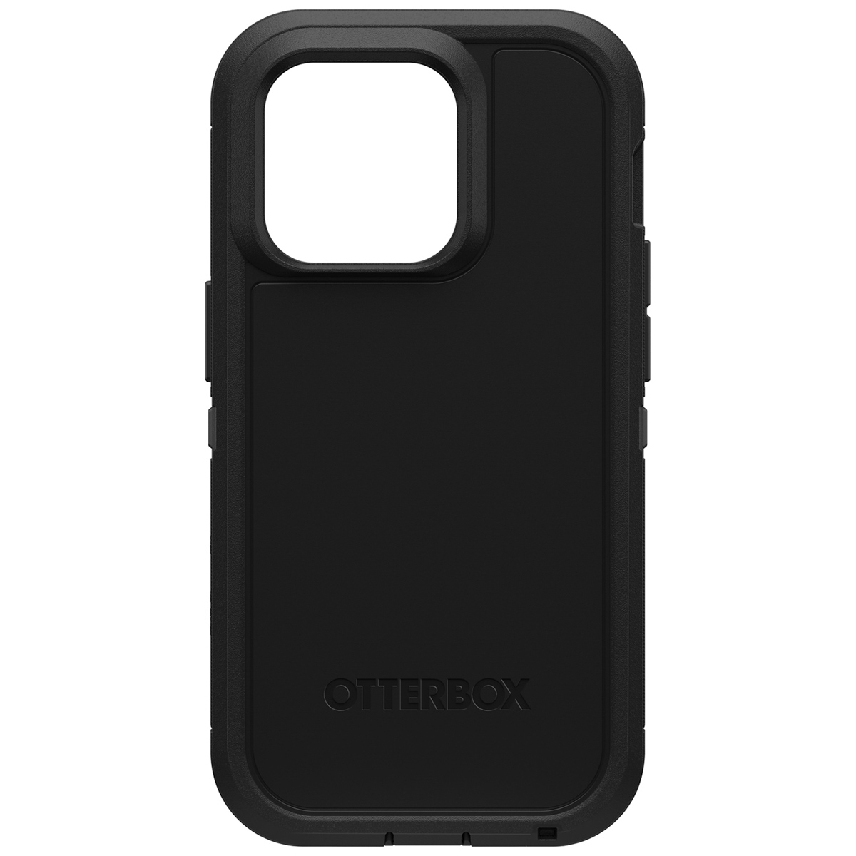 Zwarte Otterbox telefoonhoes. Vierkante camera-uitsparing. Otterbox-logo onderaan. Zwart, eenvoudig ontwerp.
