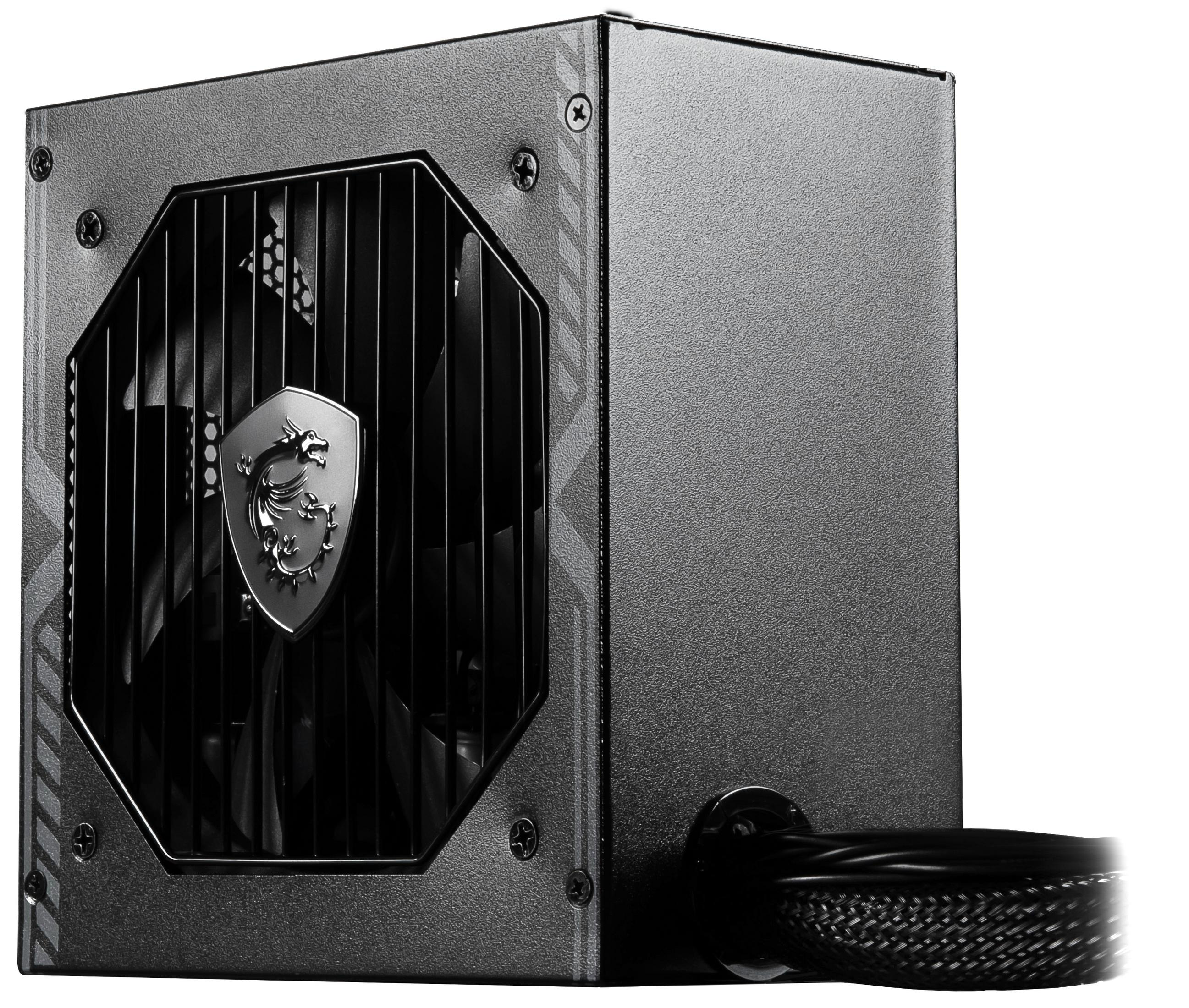 Zasilacz MSI, czarny z logo MSI i widoczną kratką wentylatora.