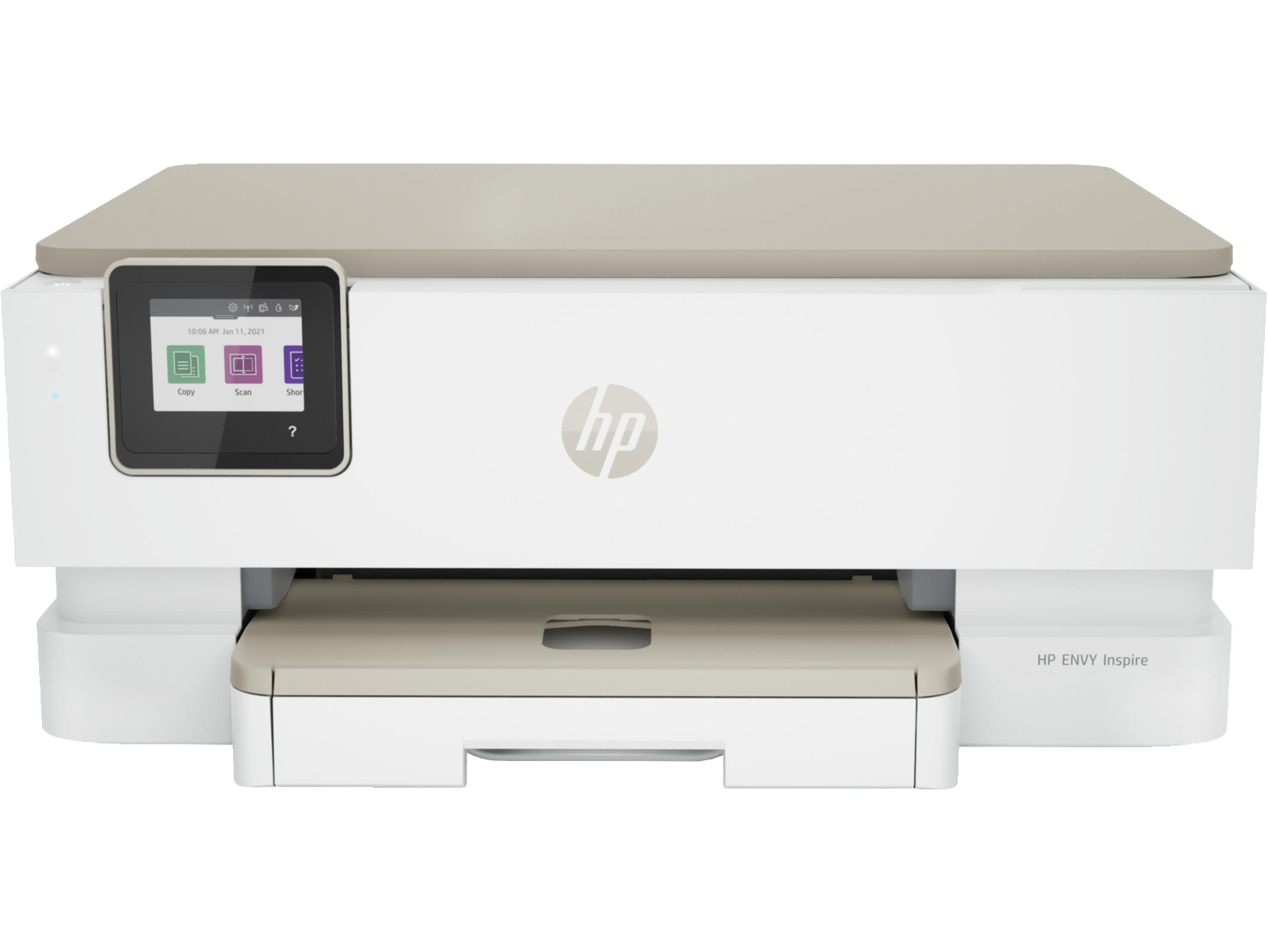 Stampante HP ENVY Inspire bianca con schermo touchscreen che mostra un menu e parte superiore beige.
