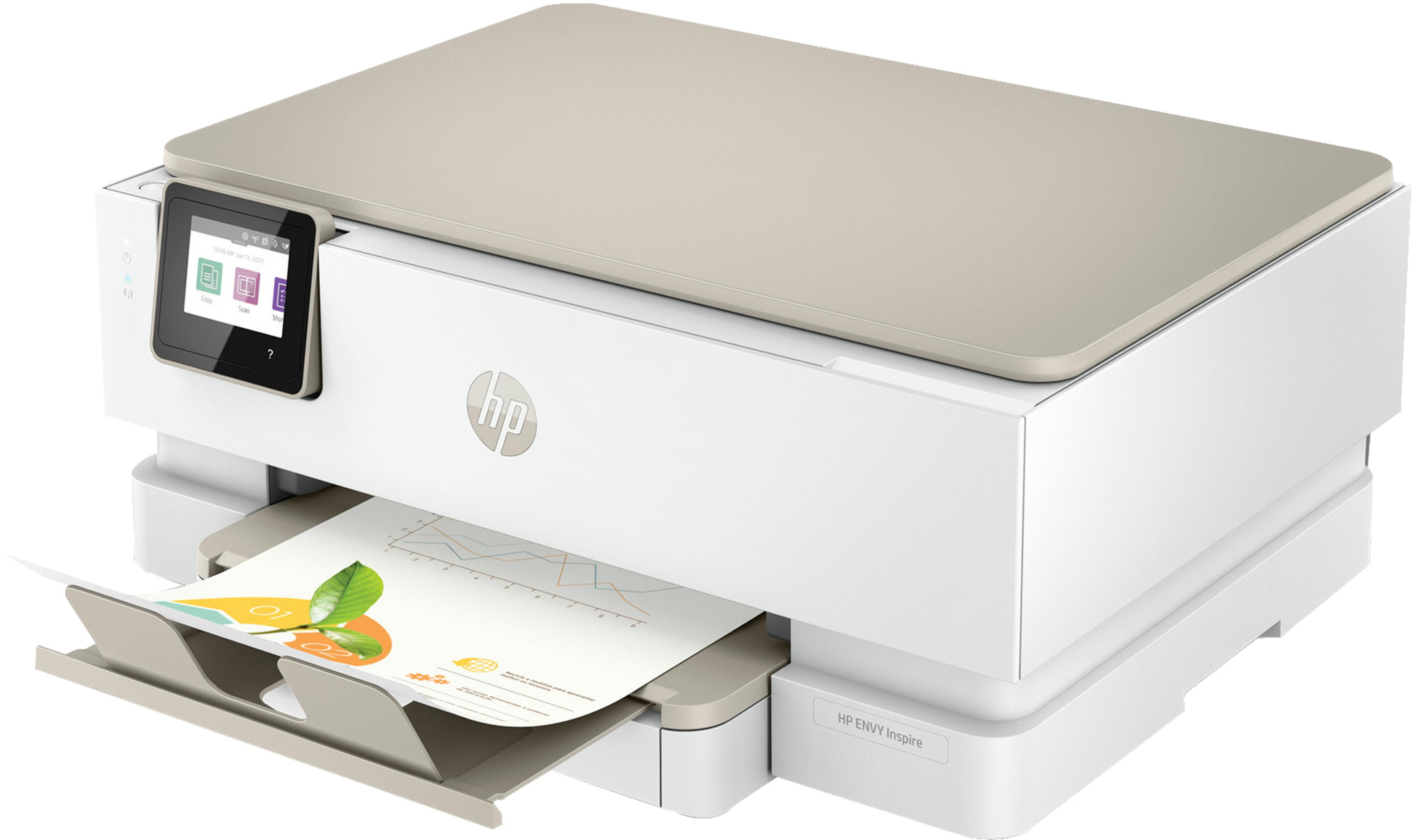 Una stampante HP ENVY Inspire bianca e beige con un vassoio carta e un piccolo schermo.