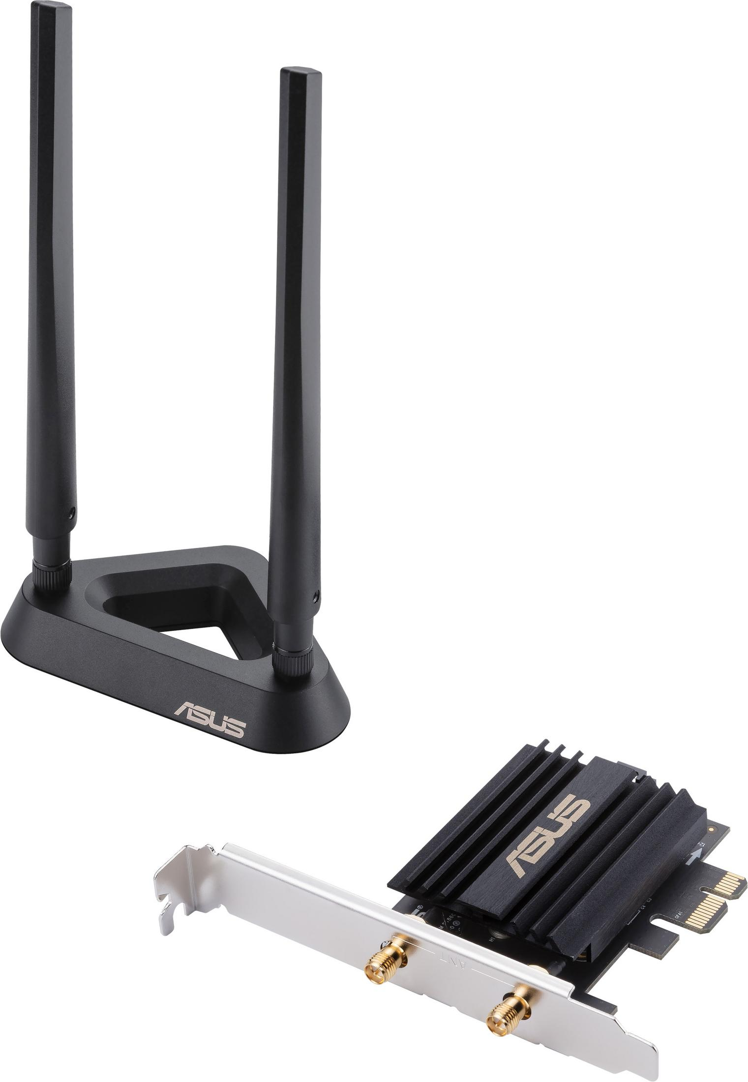 Czarny adapter bezprzewodowy ASUS z dwiema antenami i kartą PCI-e.