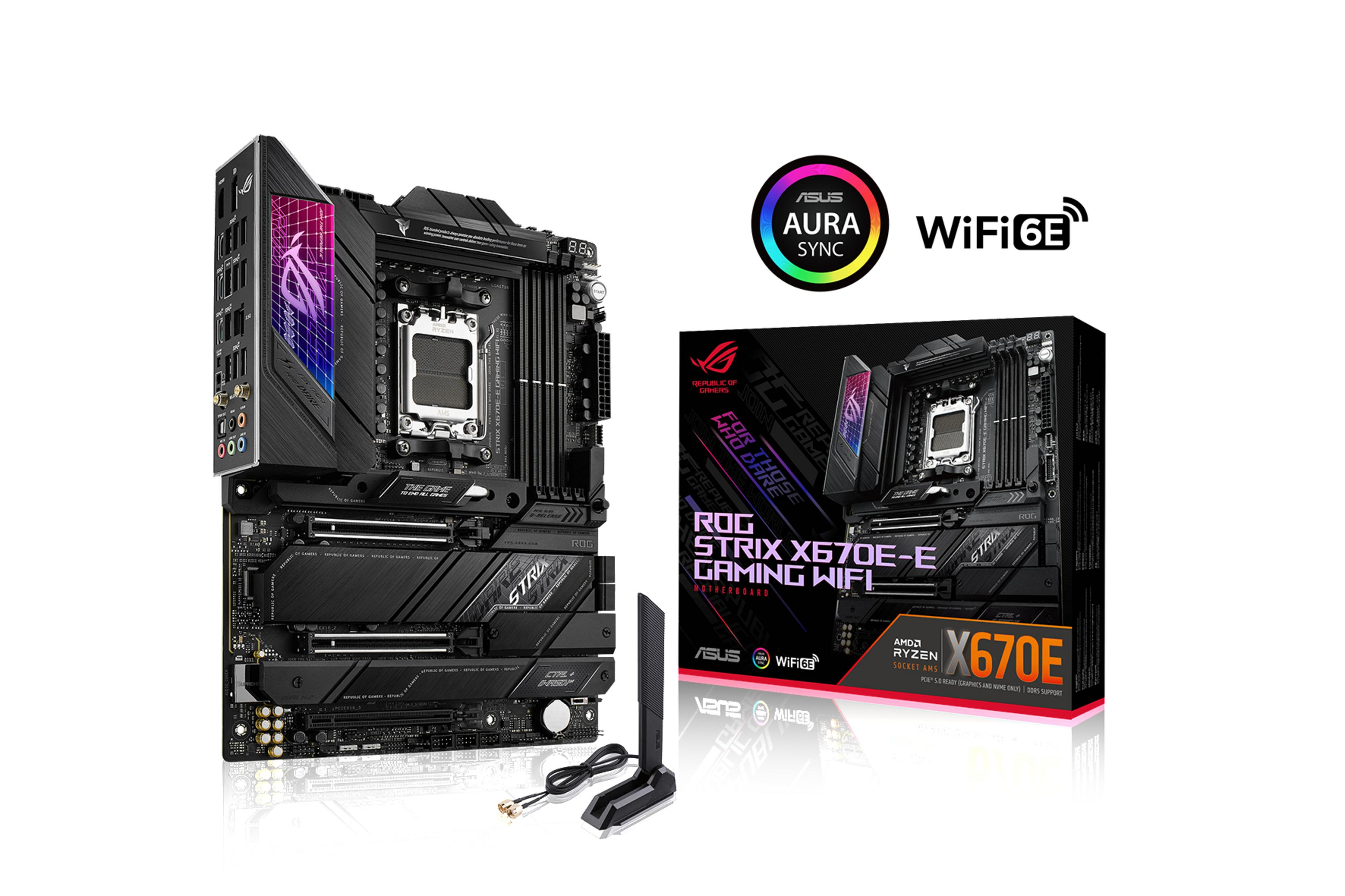 Scheda madre e scatola. Nero, rosso e grigio. Testo: ROG Strix X670E-E GAMING WIFI.