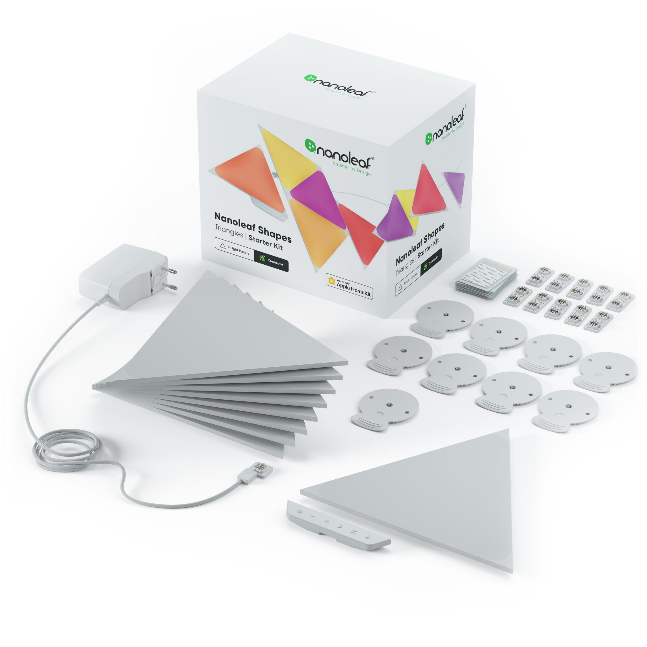 Nanoleaf Shapes Starter Kit, weiße Dreiecke, Zubehör und Verpackung auf weißem Hintergrund.
