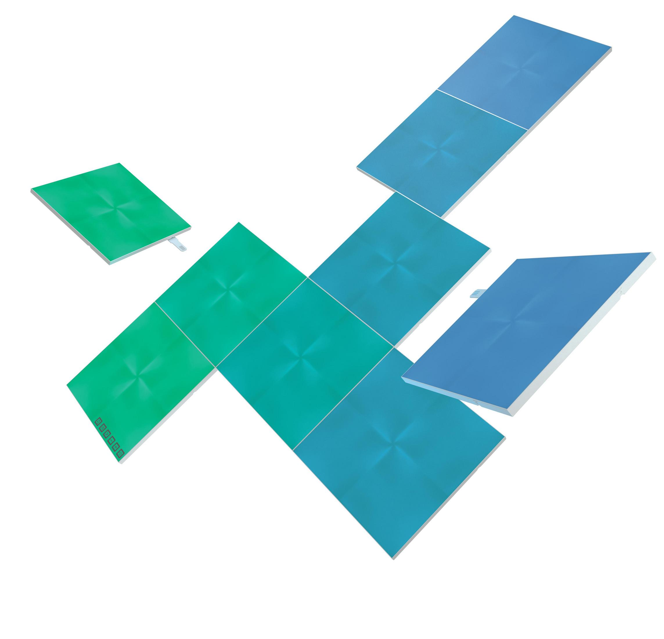 Ein Satz bunter, verbundener Fliesen, grün und blau, in einem geometrischen Muster. Weißer Hintergrund.