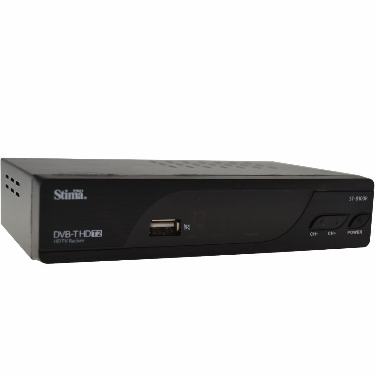 Receptor Stima DVB-T2 HD negro con puerto USB. Fondo negro.
