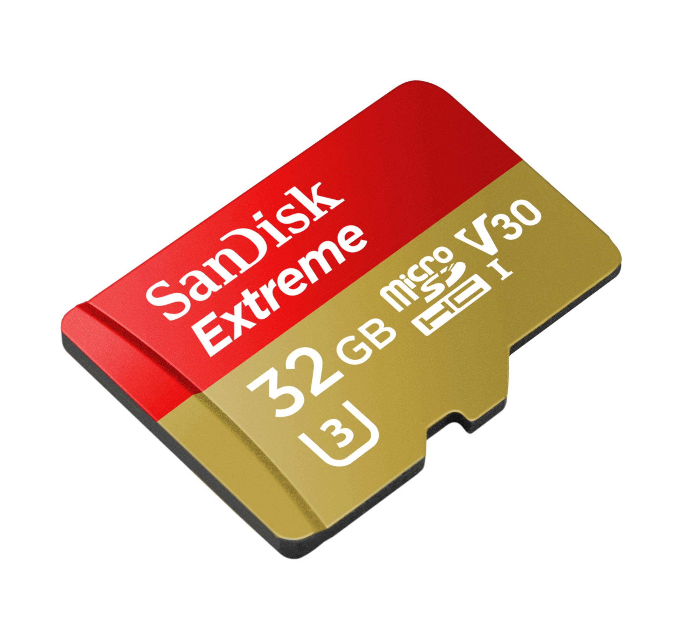 Una scheda micro SD Sandisk Extreme da 32 GB con colori rosso e oro.