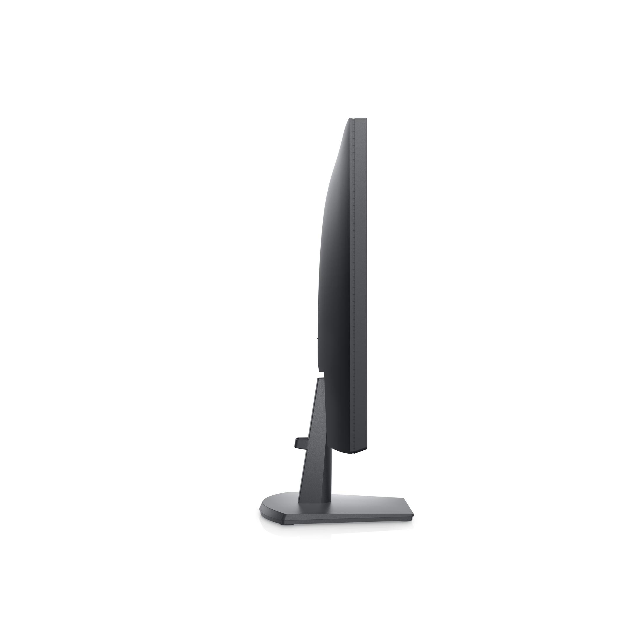 A Dell monitor from the side, showing a black screen, a stand, and a sleek design.