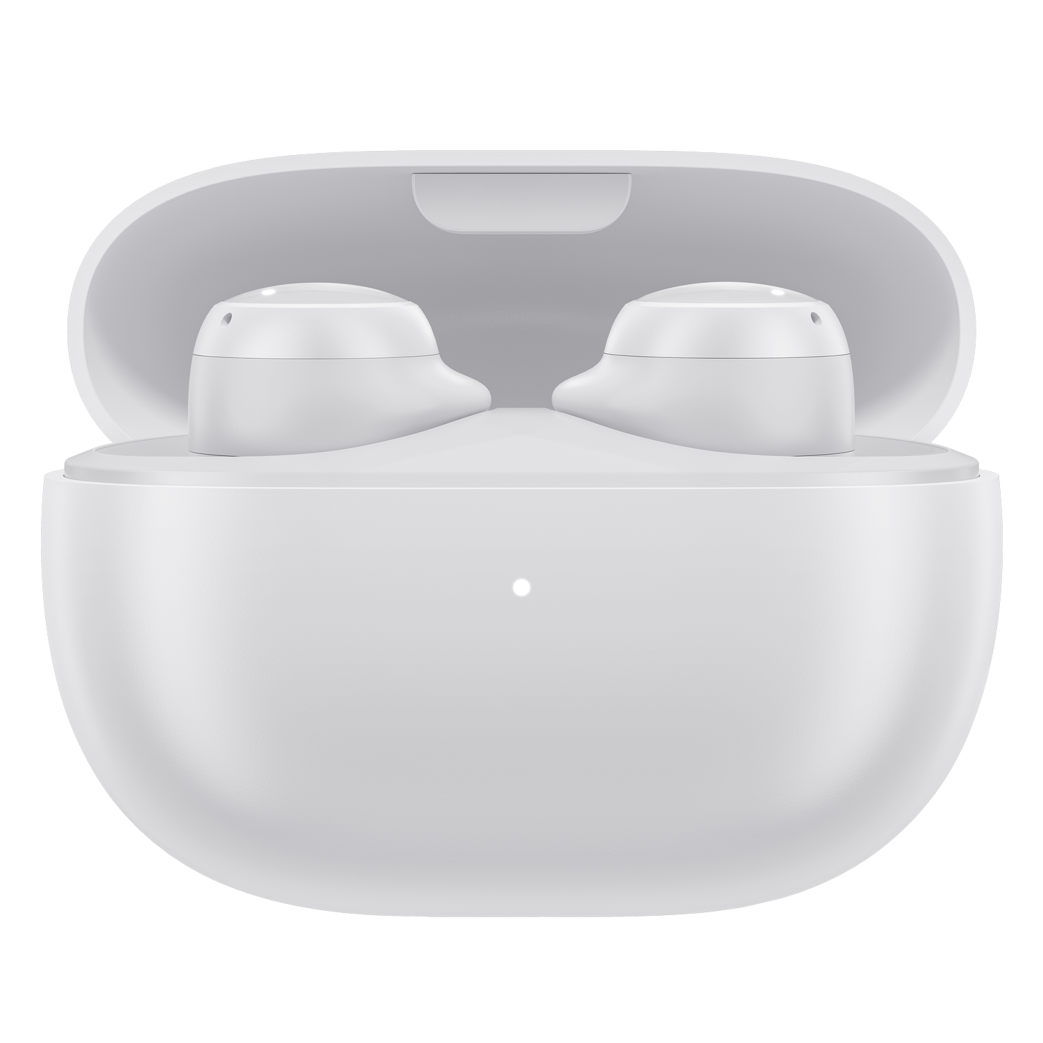 Białe słuchawki w białym etui ładującym.