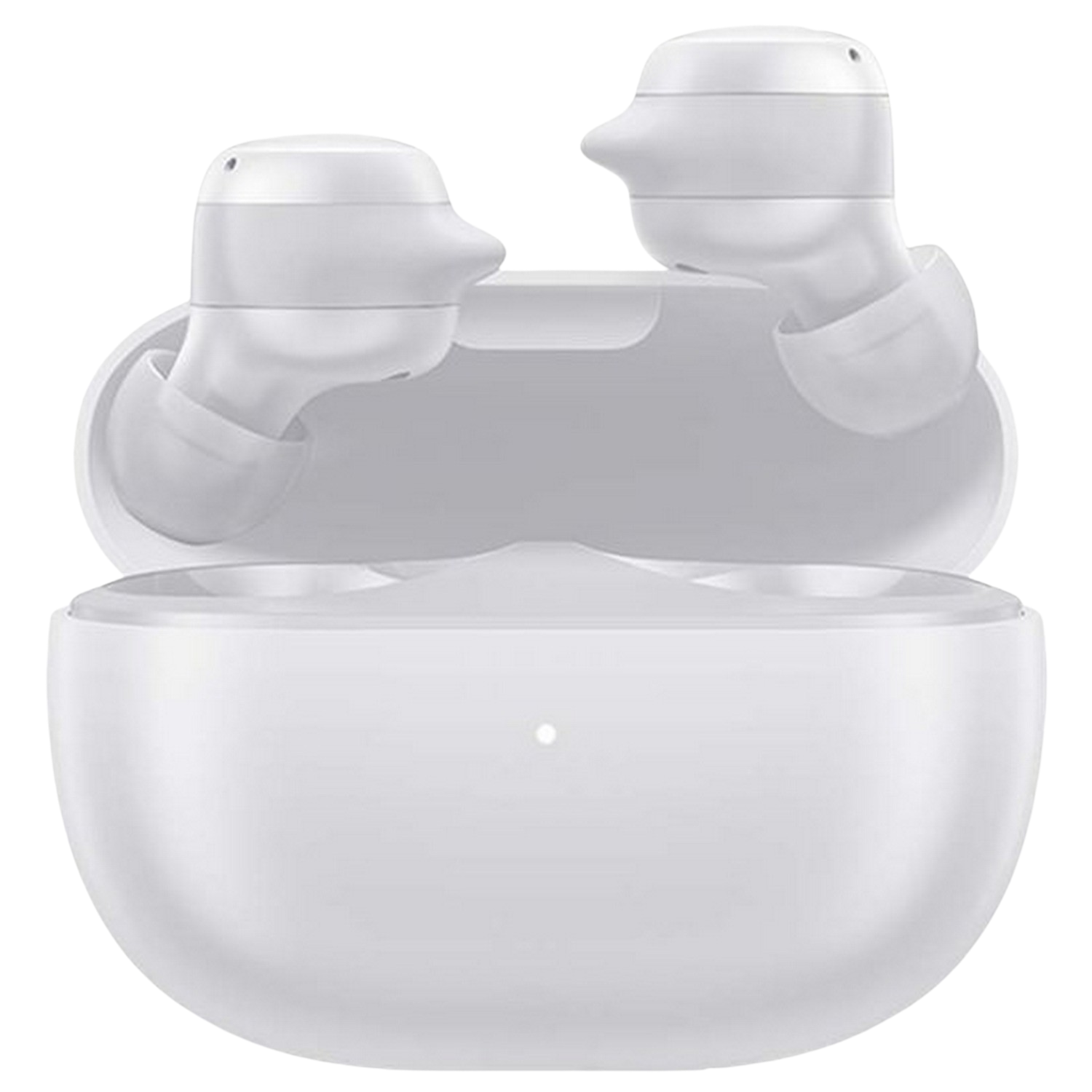 Białe słuchawki w etui ładującym. Etui i słuchawki są białe.