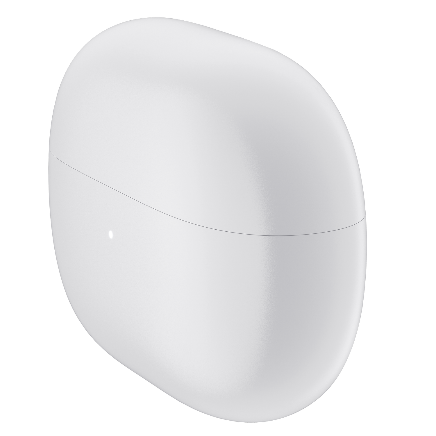 Białe, zaokrąglone prostokątne etui ładujące do słuchawek. Ma małe światło i gładkie, matowe wykończenie.