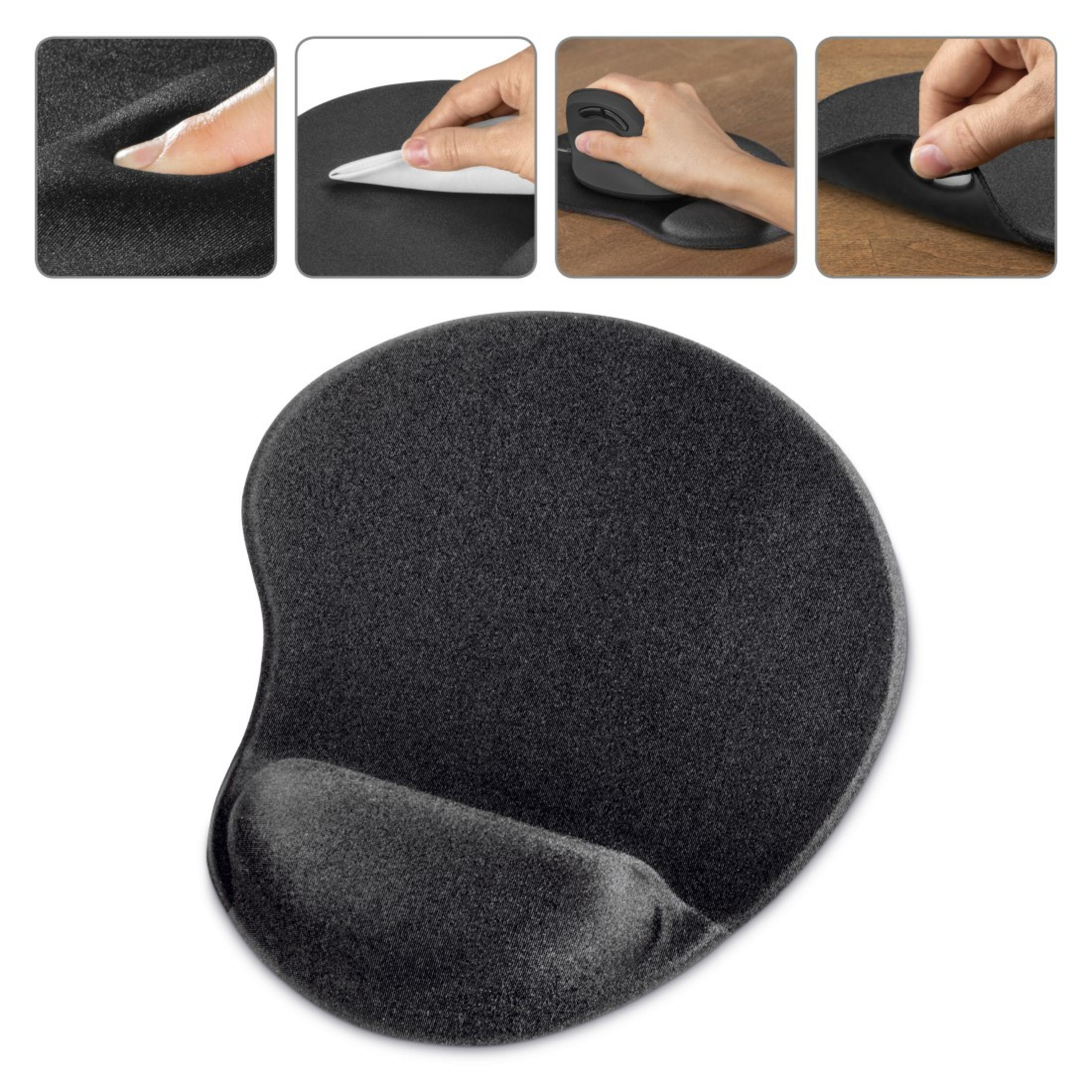 Schwarzes ergonomisches Mauspad mit Handballenauflage und Details.