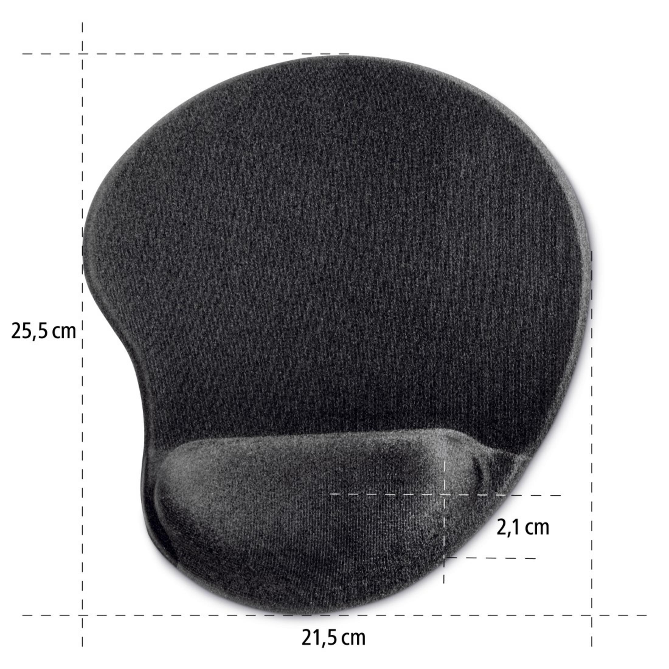Schwarzes ergonomisches Mauspad mit Handgelenkauflage, Abmessungen 21,5 x 25,5 cm.
