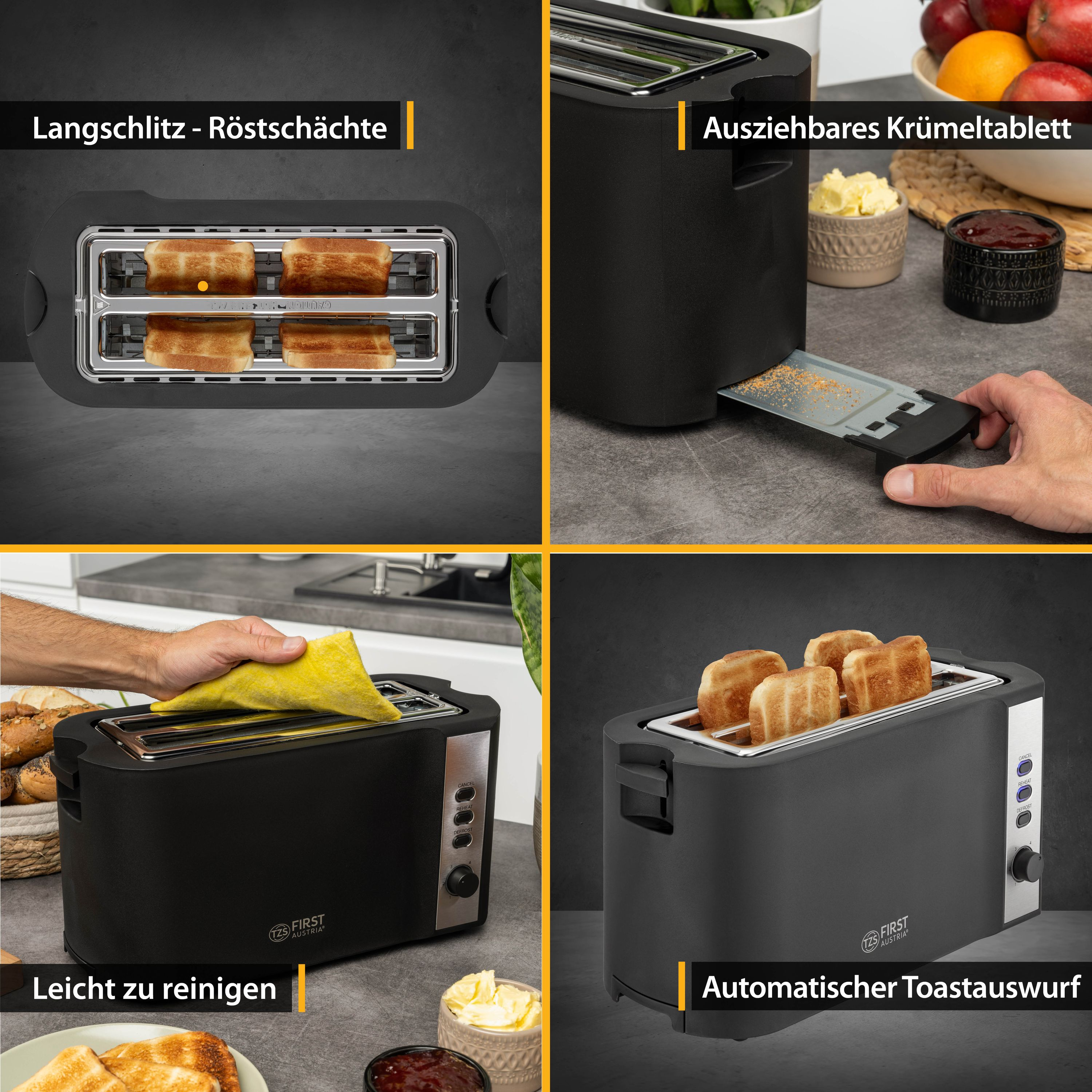 TZS FIRST AUSTRIA FA-5366-1 Toaster Schwarz/Edelstahl (1500 Watt, Schlitze: 4)