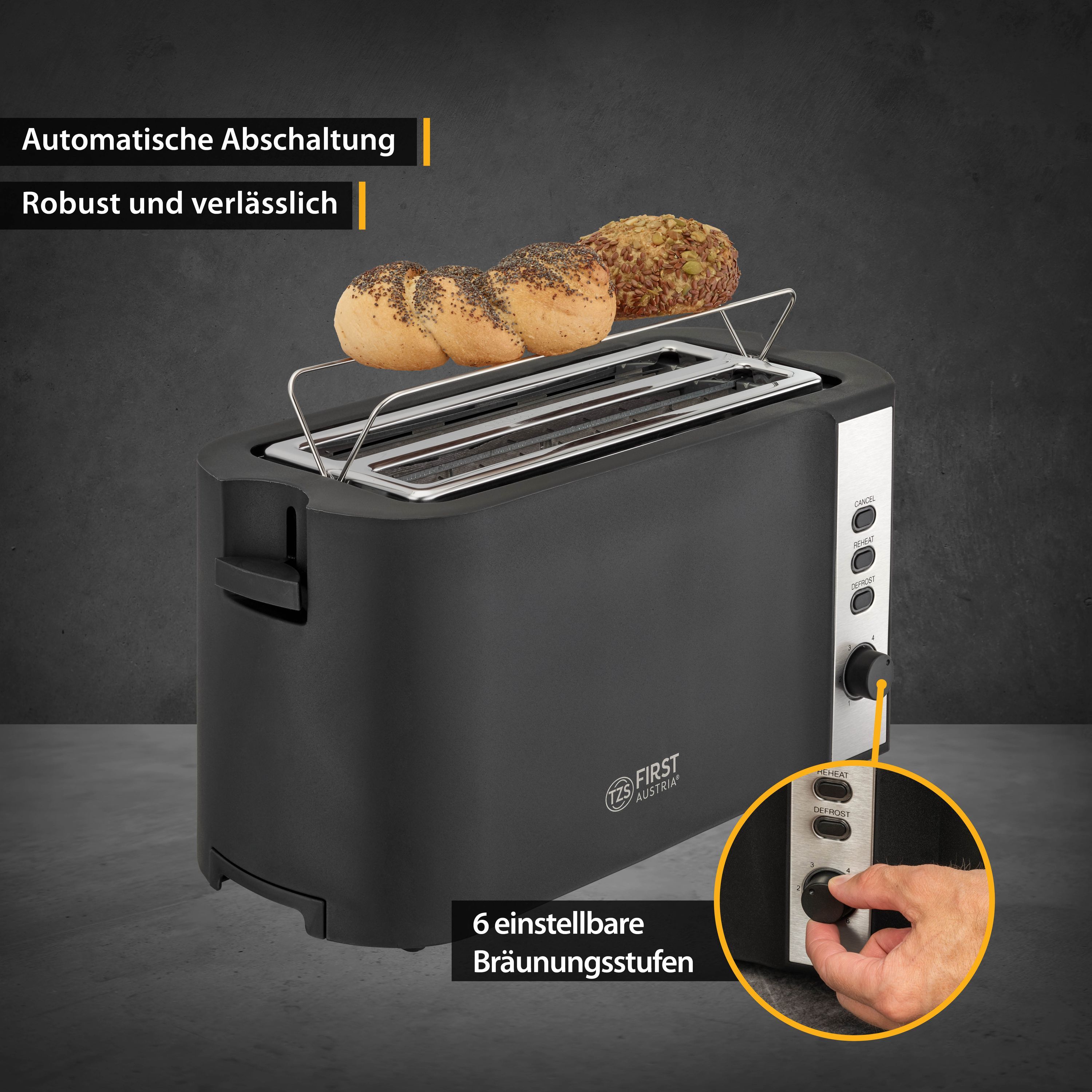 Ein schwarzer Toaster mit zwei Brötchen oben drauf, mit Bedienrad und Knöpfen.