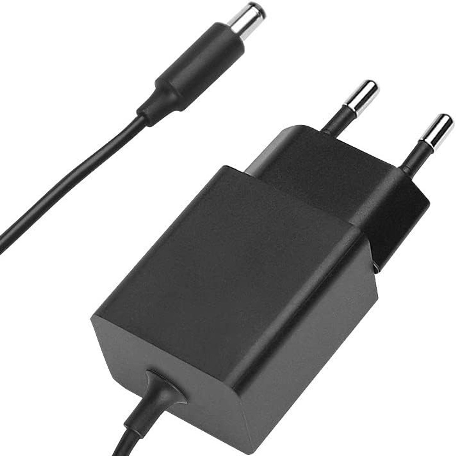 Schwarzer Adapter mit zwei Stiften und schwarzem Kabel, weißer Hintergrund.