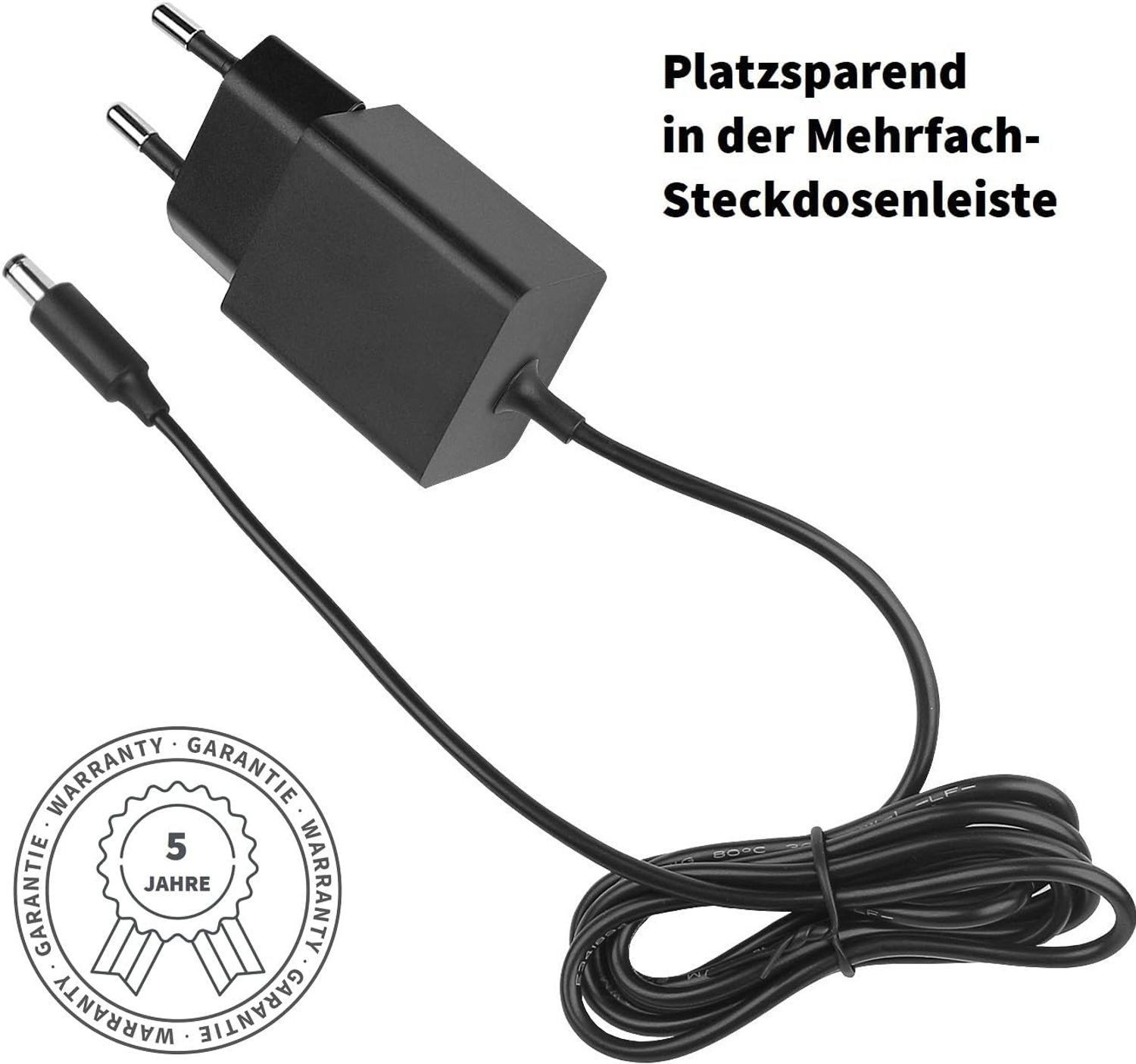 Ein schwarzes Netzteil mit Kabel und einem 5-Jahres-Garantieaufkleber auf weißem Hintergrund.