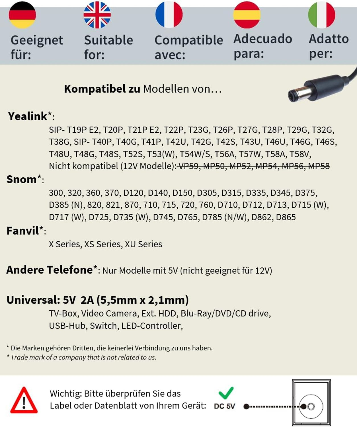 Liste kompatibler Geräte und ein Netzteil. Text in mehreren Sprachen.
