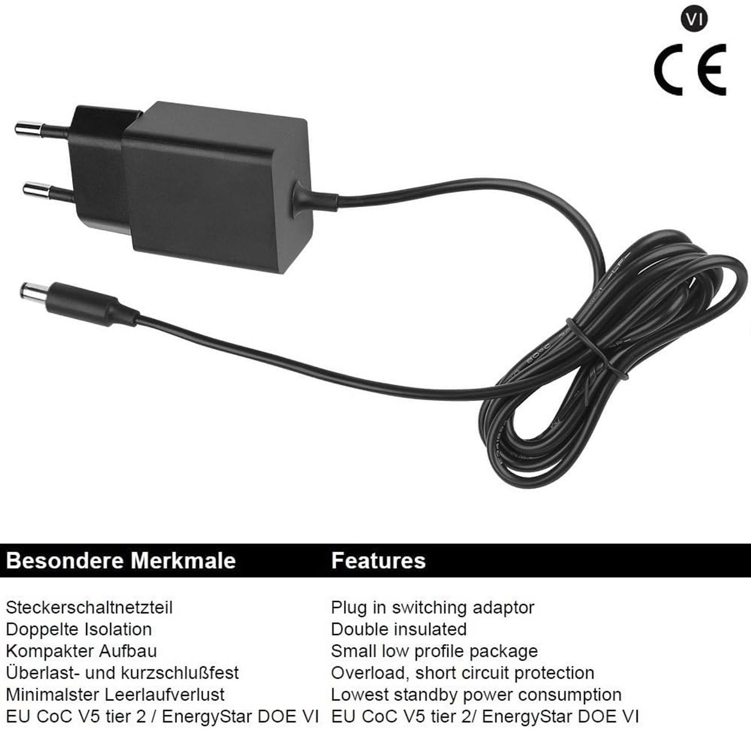 Schwarzer Netzadapter mit zwei Stiften und einem DC-Anschluss, schwarzes Kabel, weißer Hintergrund.