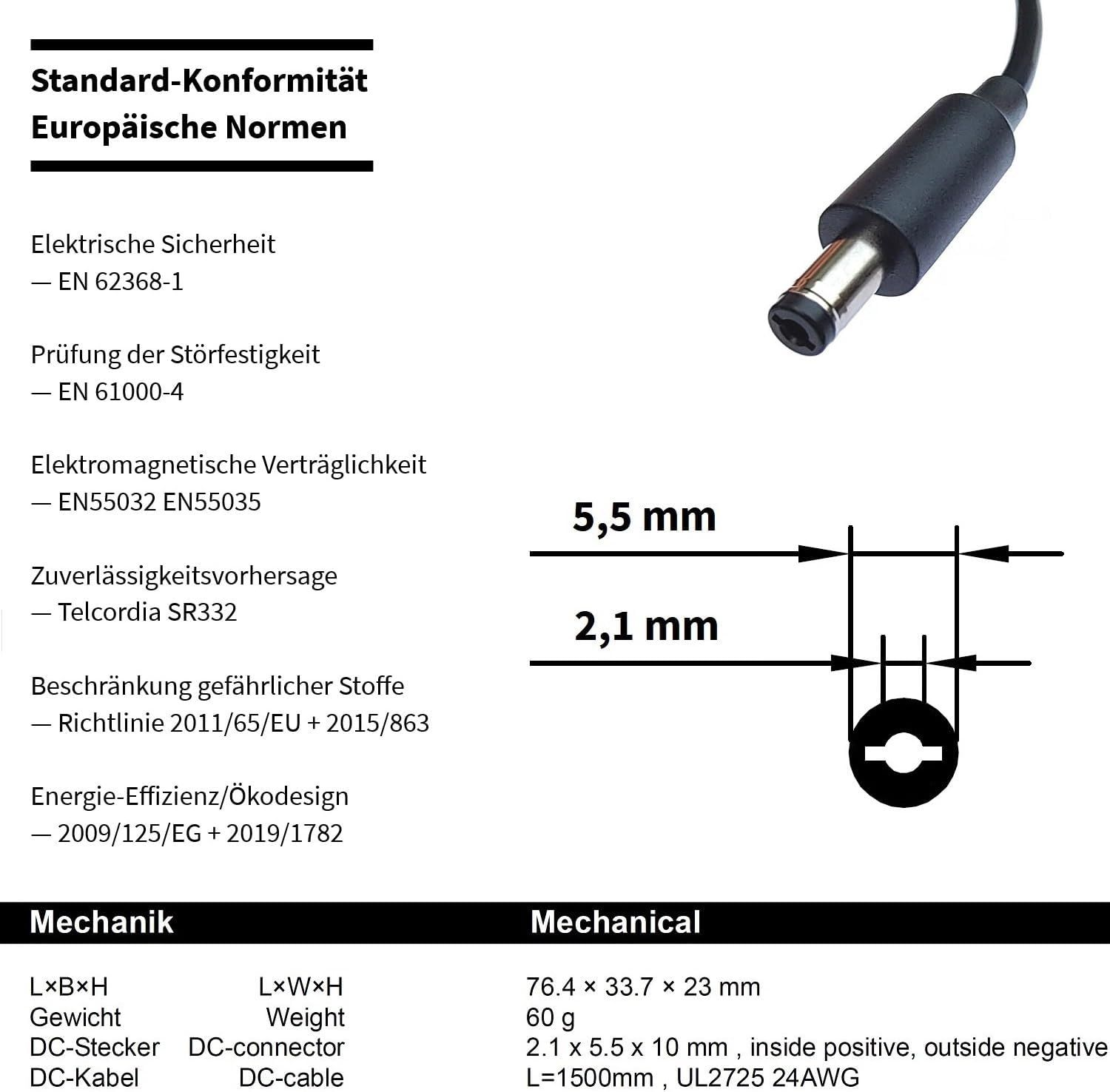 Diagramm eines DC-Netzteils mit Abmessungen und technischen Daten.