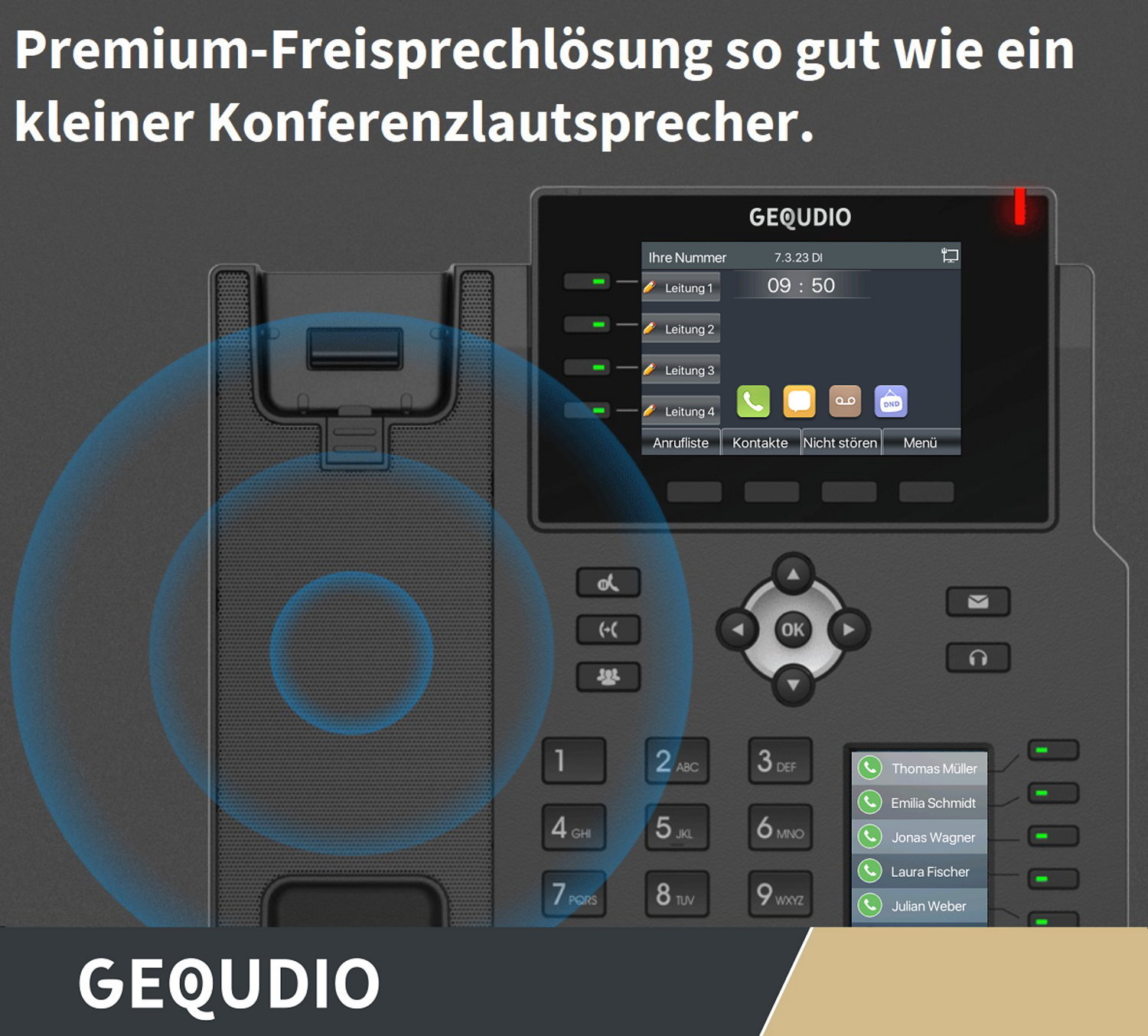 Ein Telefondisplay mit mehreren Funktionen und Tasten, mit dem GEQUDIO-Logo.
