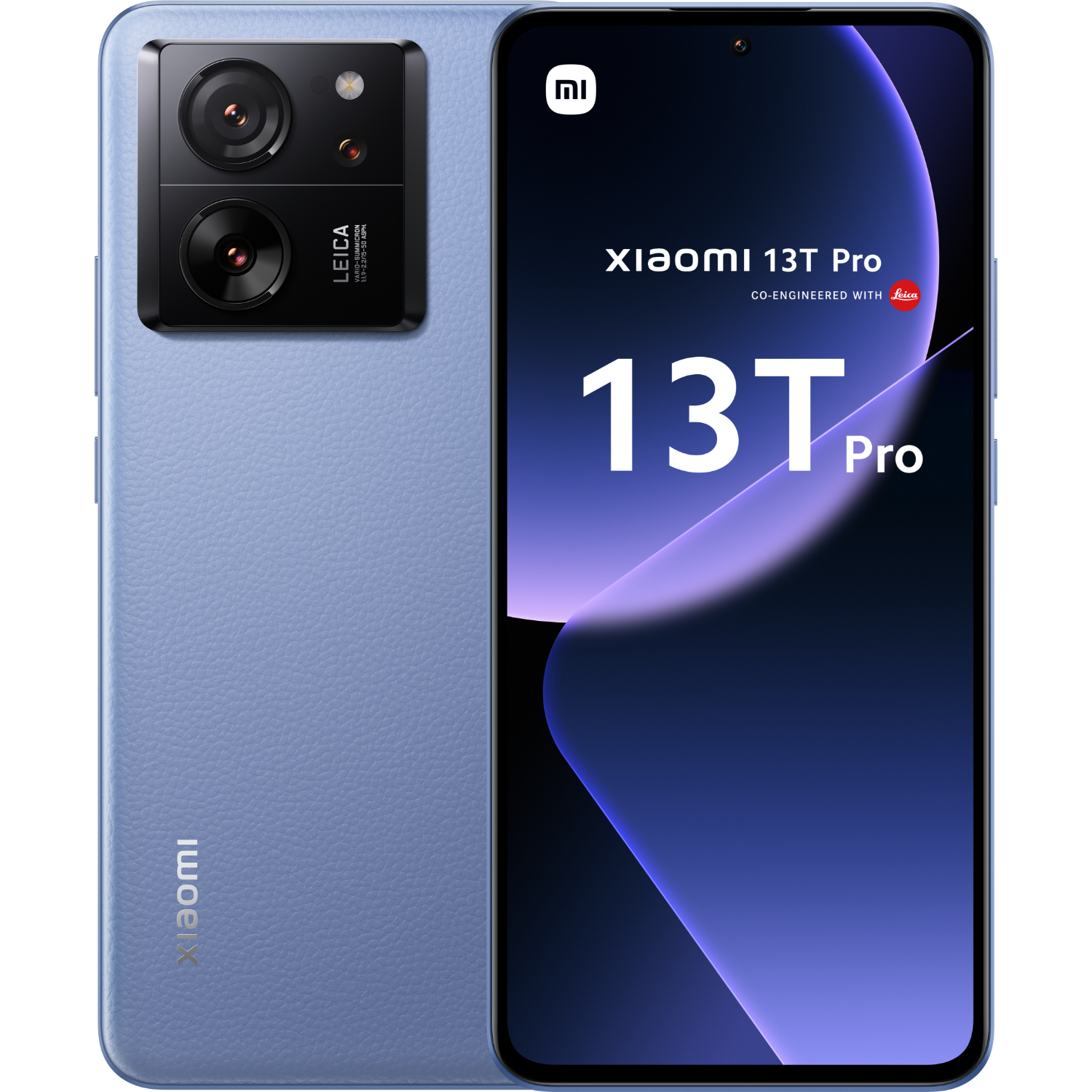 Niebieski smartfon Xiaomi 13T Pro, pokazujący tył z aparatami i przedni wyświetlacz.