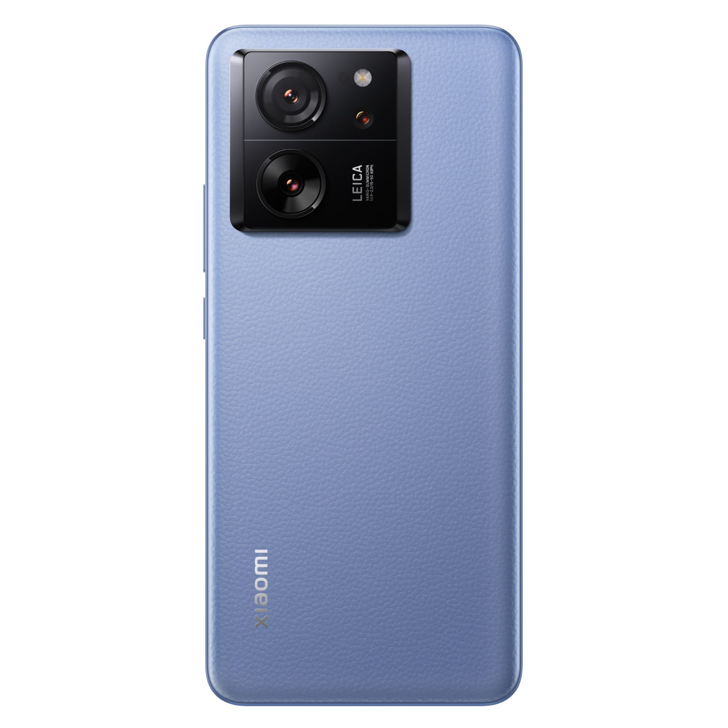 Niebieski telefon Xiaomi, potrójny aparat Leica, widok z tyłu, teksturowane wykończenie, czarne tło.