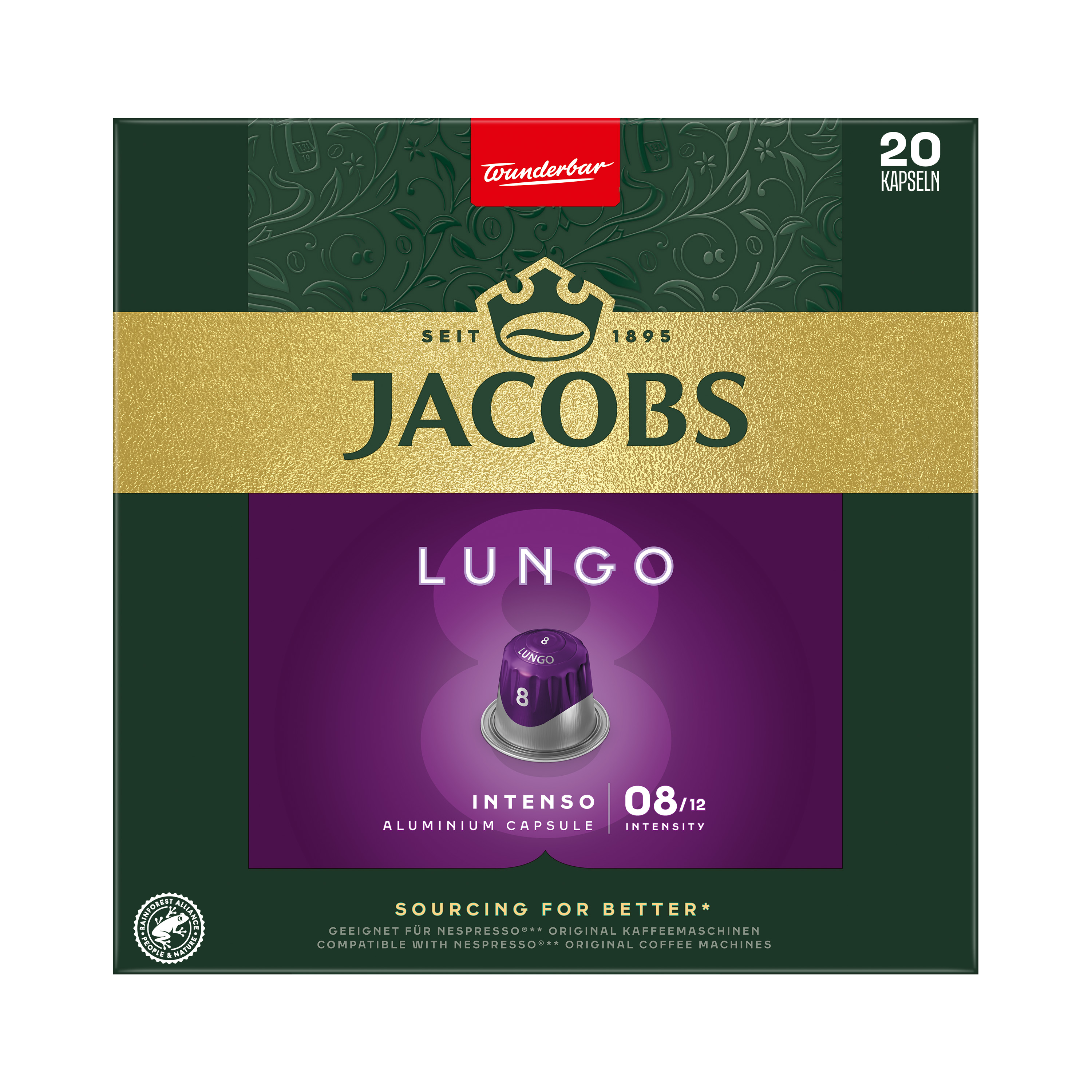 Jacobs Kaffeepackung. Grün und Gold, lila Etikett mit Kaffeekapsel. Als Lungo Intenso gekennzeichnet.