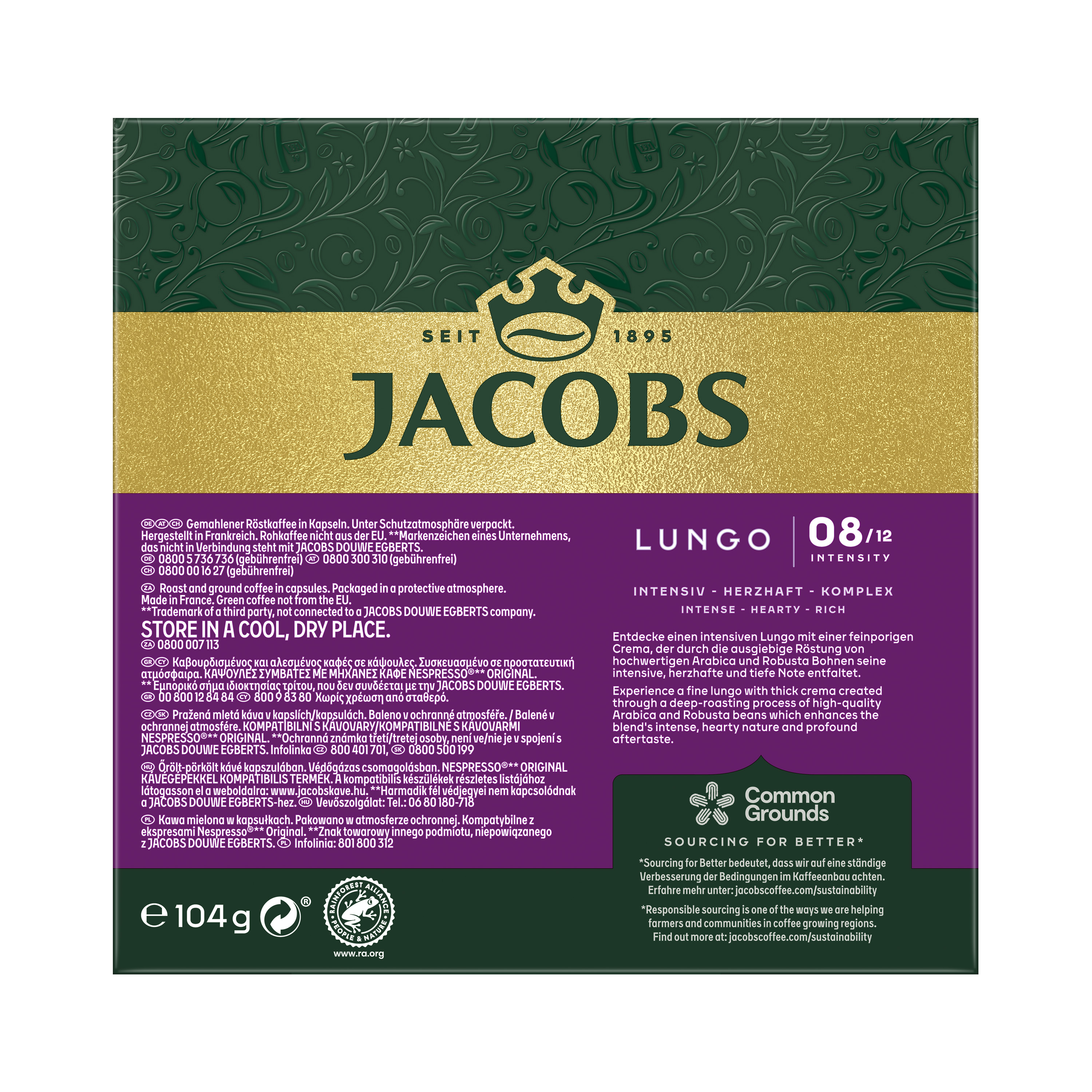 Kaffeepackung mit Jacobs-Marke, Text und grünem Hintergrund.