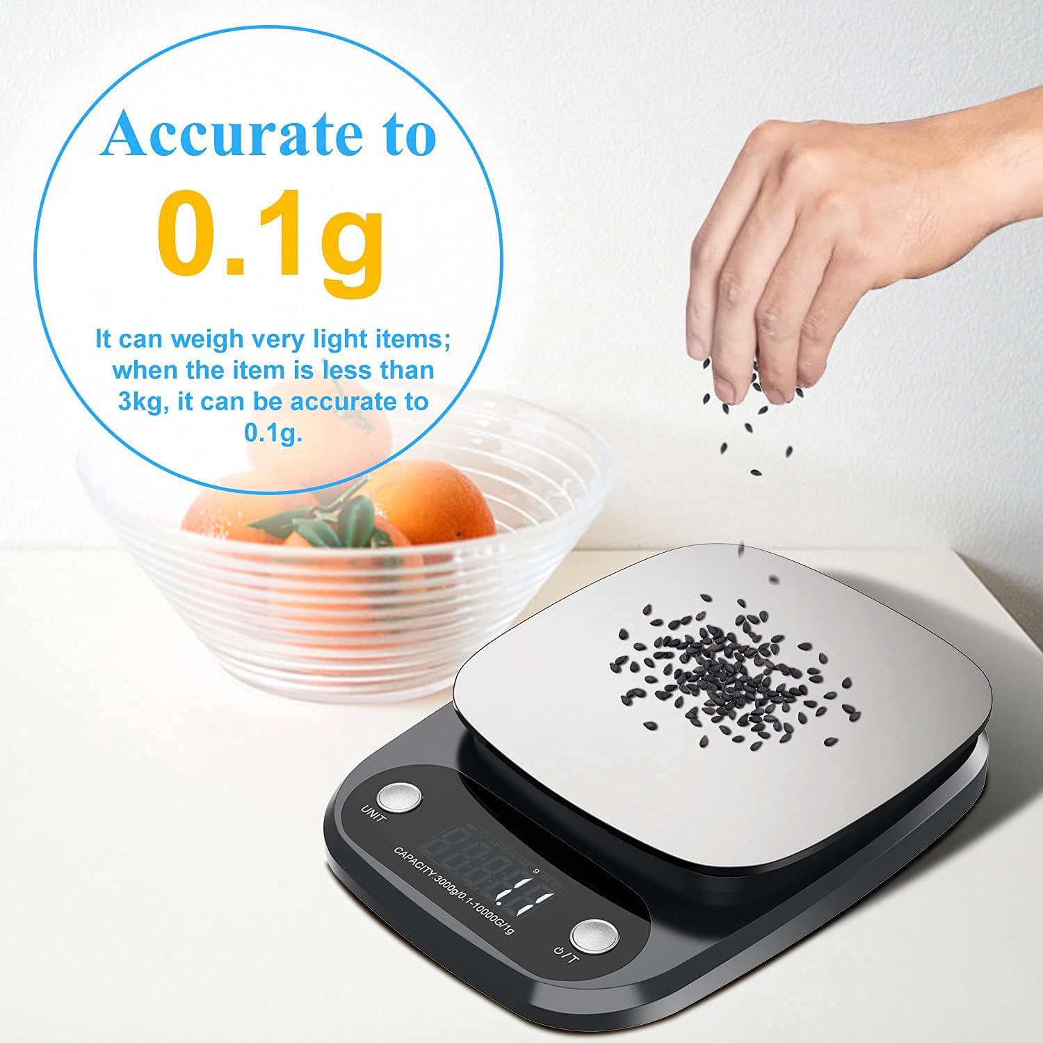 Digitale Waage, die Samen wiegt, mit Text, der die Genauigkeit von 0,1 g angibt.