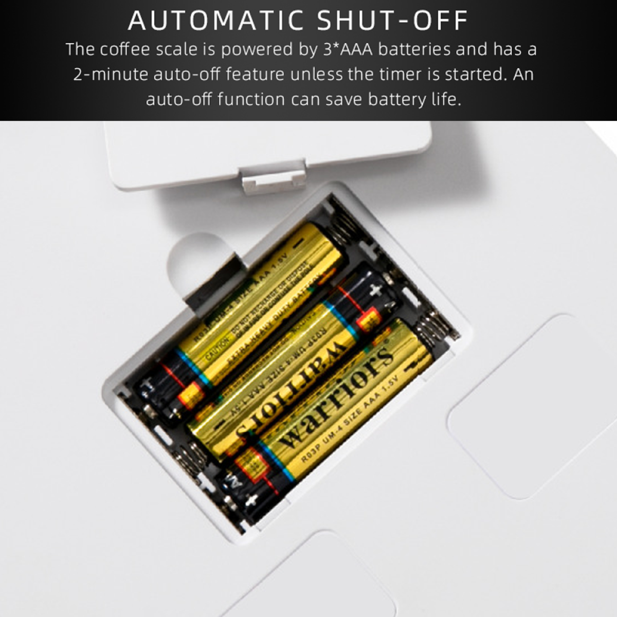 Kaffeewaage mit freiliegenden Batterien, Text über automatische Abschaltung und Batterielebensdauer.