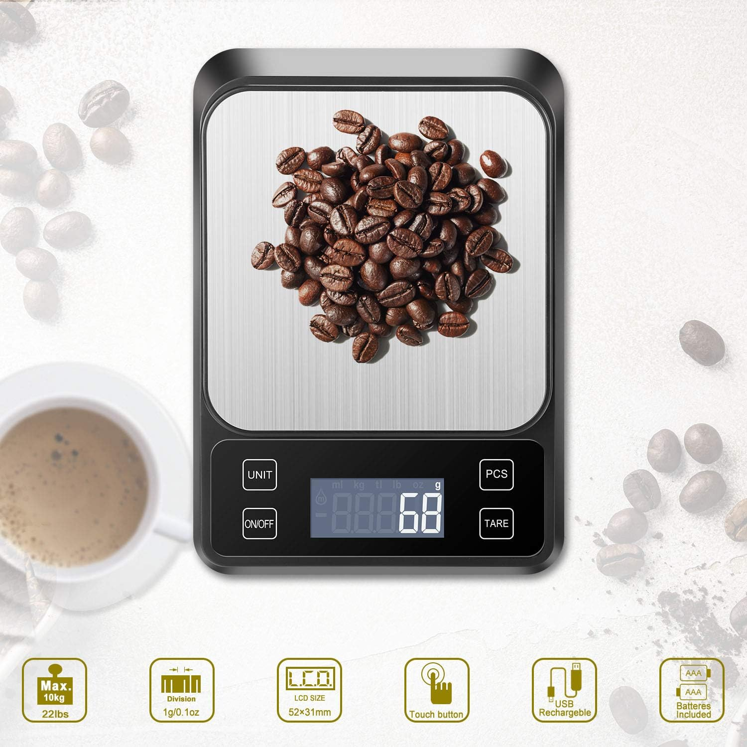 Eine schwarze Waage mit Kaffeebohnen. Das Display zeigt 888,68. Funktionssymbole darunter.