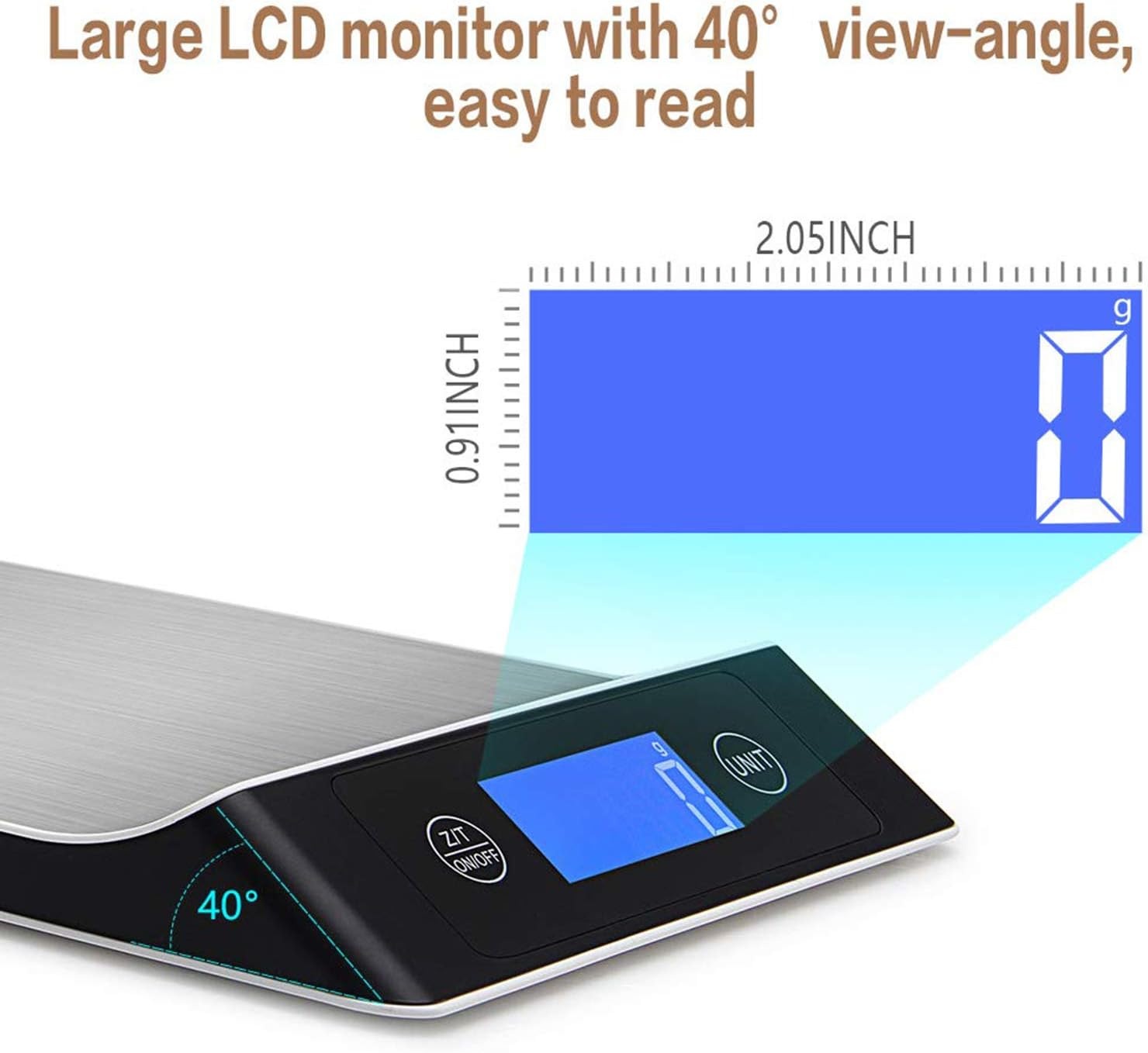 Eine digitale Waage mit '0' und Maßen. Die Waage ist schwarz und silber mit blauem Display.