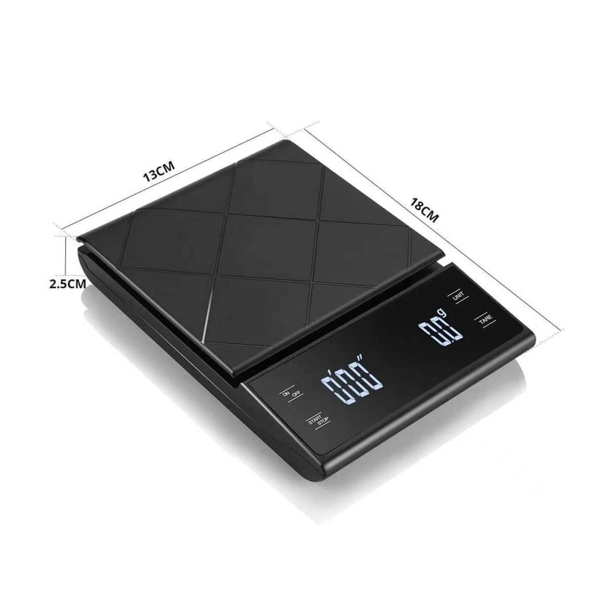 Schwarze Digitalwaage mit Abmessungen: 13x18x2,5cm. Anzeige zeigt '0,00'. Tasten: Ein/Aus, Zero/Tare, Start/Stop, Unit.