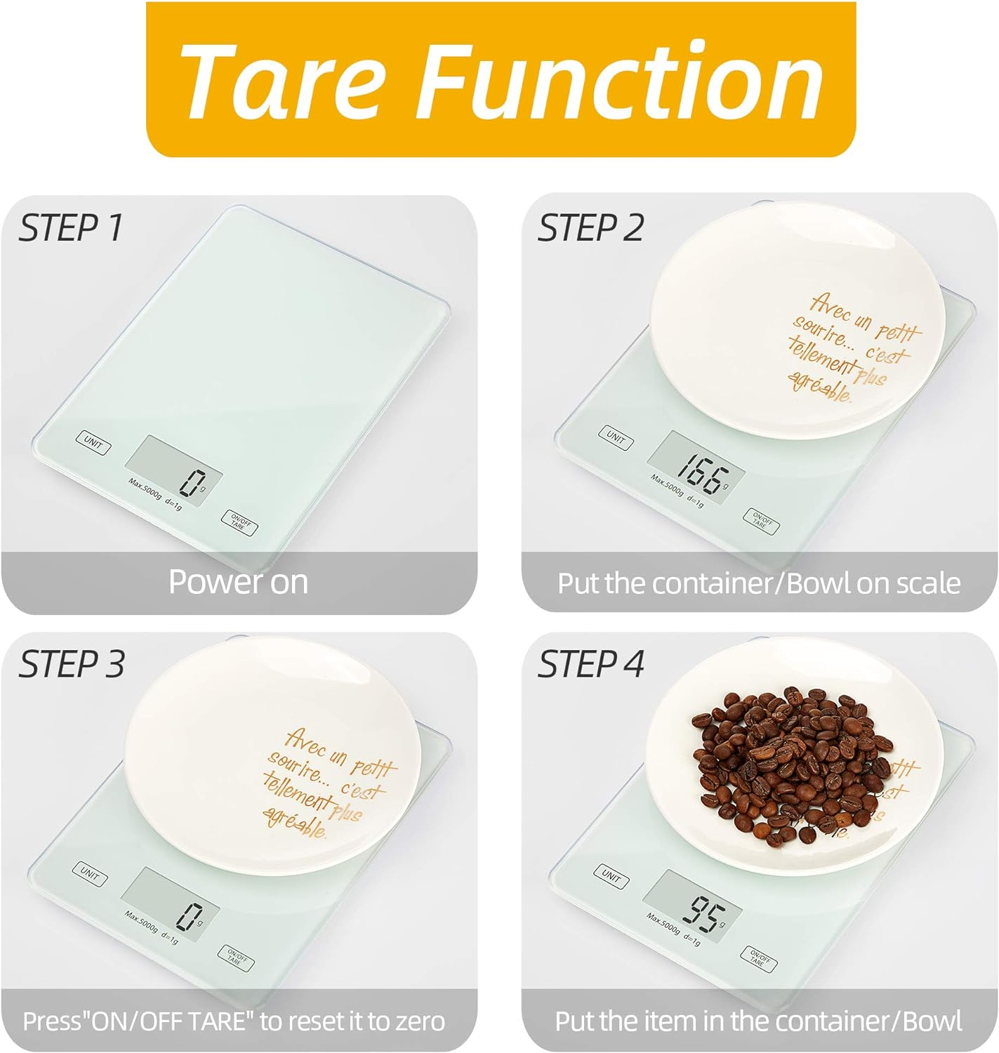 Schritte zur Verwendung einer digitalen Küchenwaage. Eine Platte wird gewogen, dann Kaffeebohnen hinzugefügt.