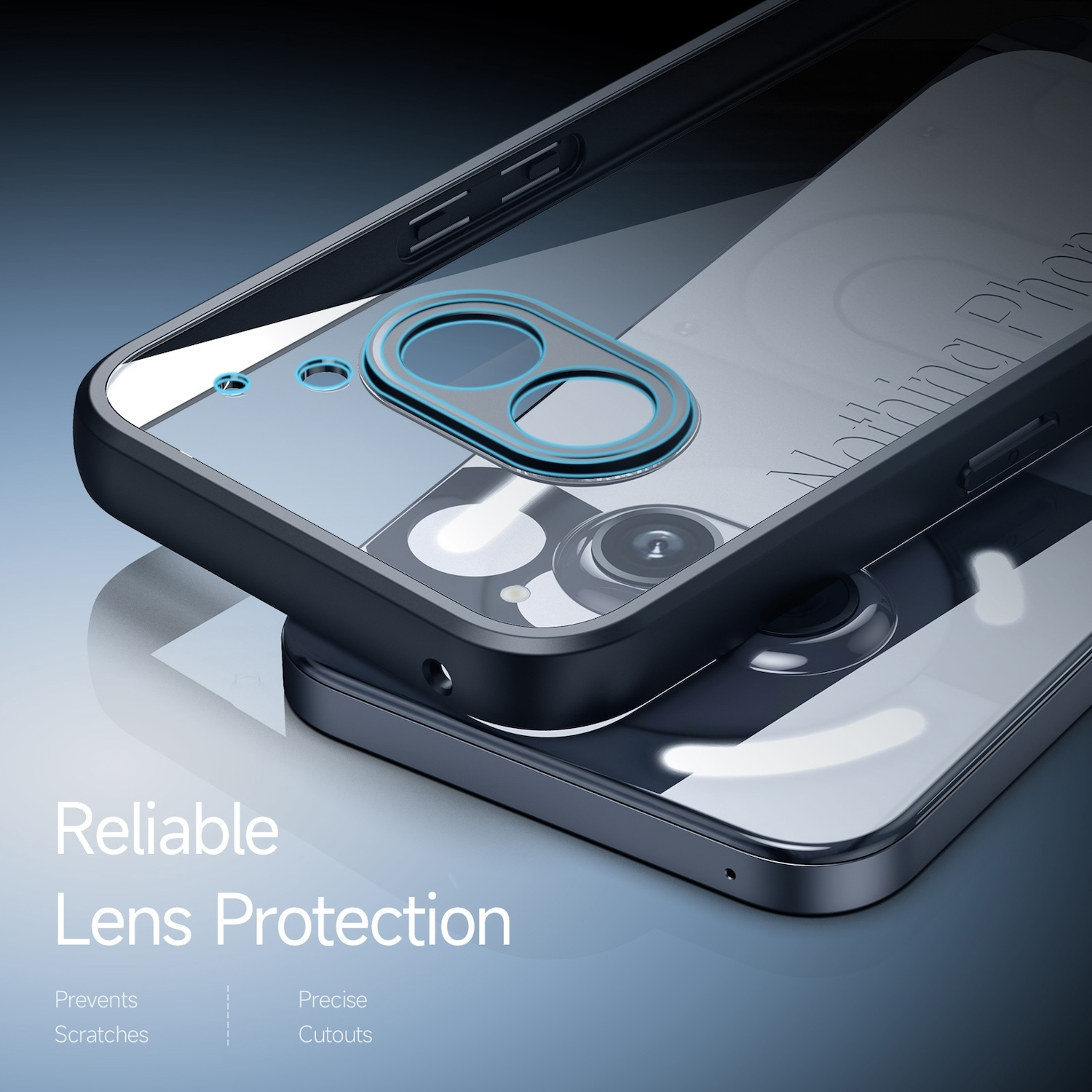 Eine schwarze Handyhülle mit transparentem Rücken, die Telefondetails zeigt.