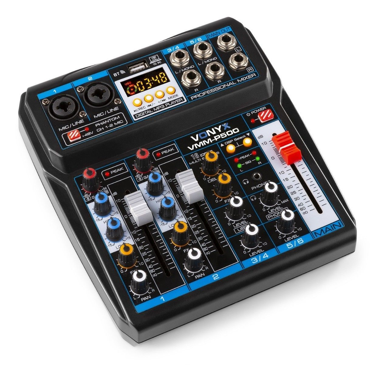 Mezclador de audio negro y azul. Perillas, deslizadores y pantalla visibles. Texto: Vonyx VMM-P500.