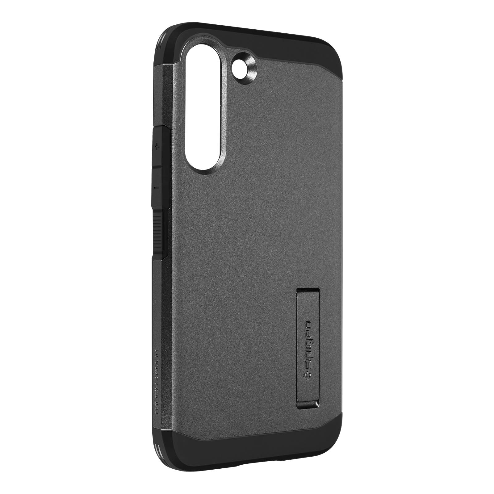 Custodia grigia per telefono con cornice nera e cavalletto integrato.