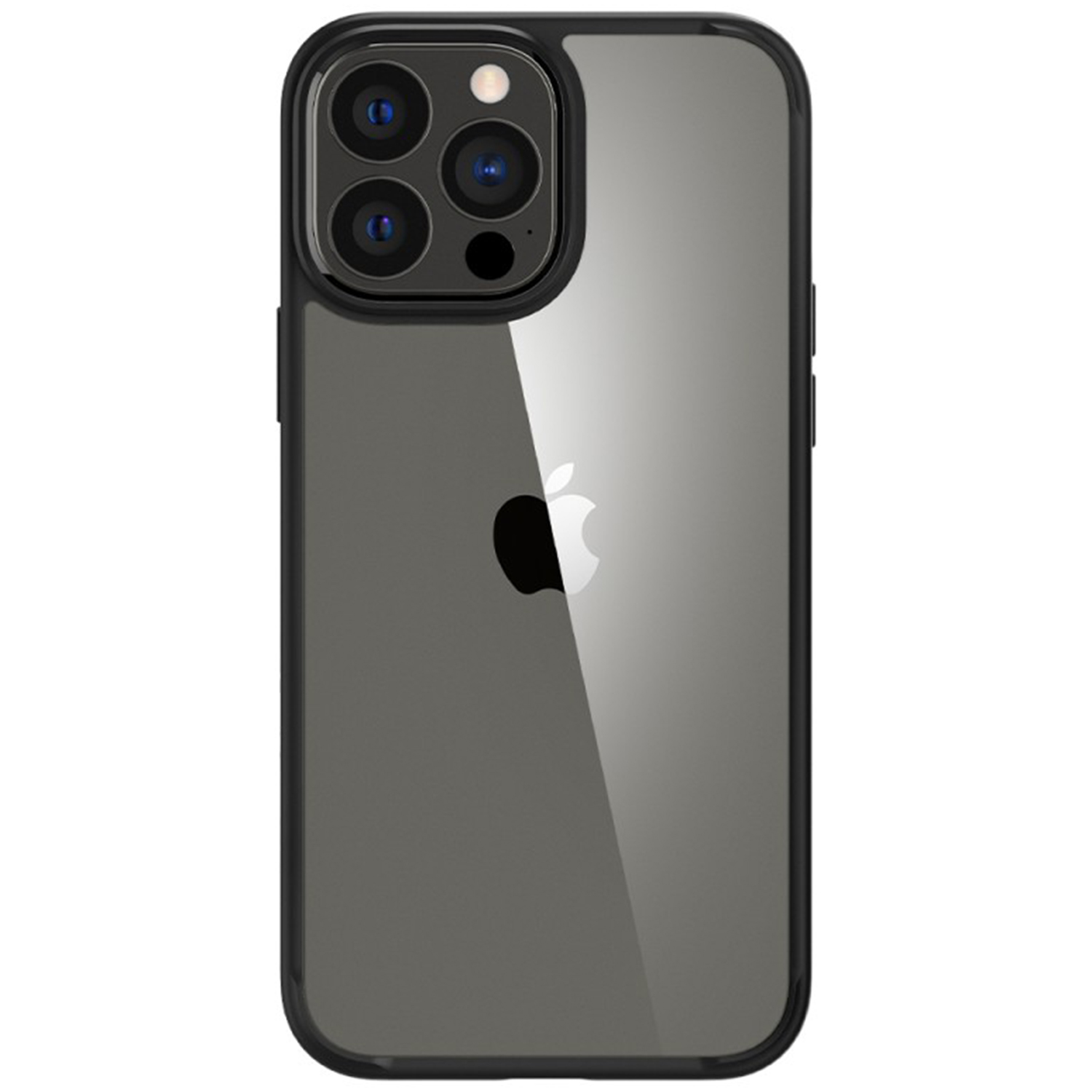 Zwarte iPhone met een doorzichtige hoes. De telefoon heeft een zwart Apple-logo. De hoes bedekt de achterkant en zijkanten.