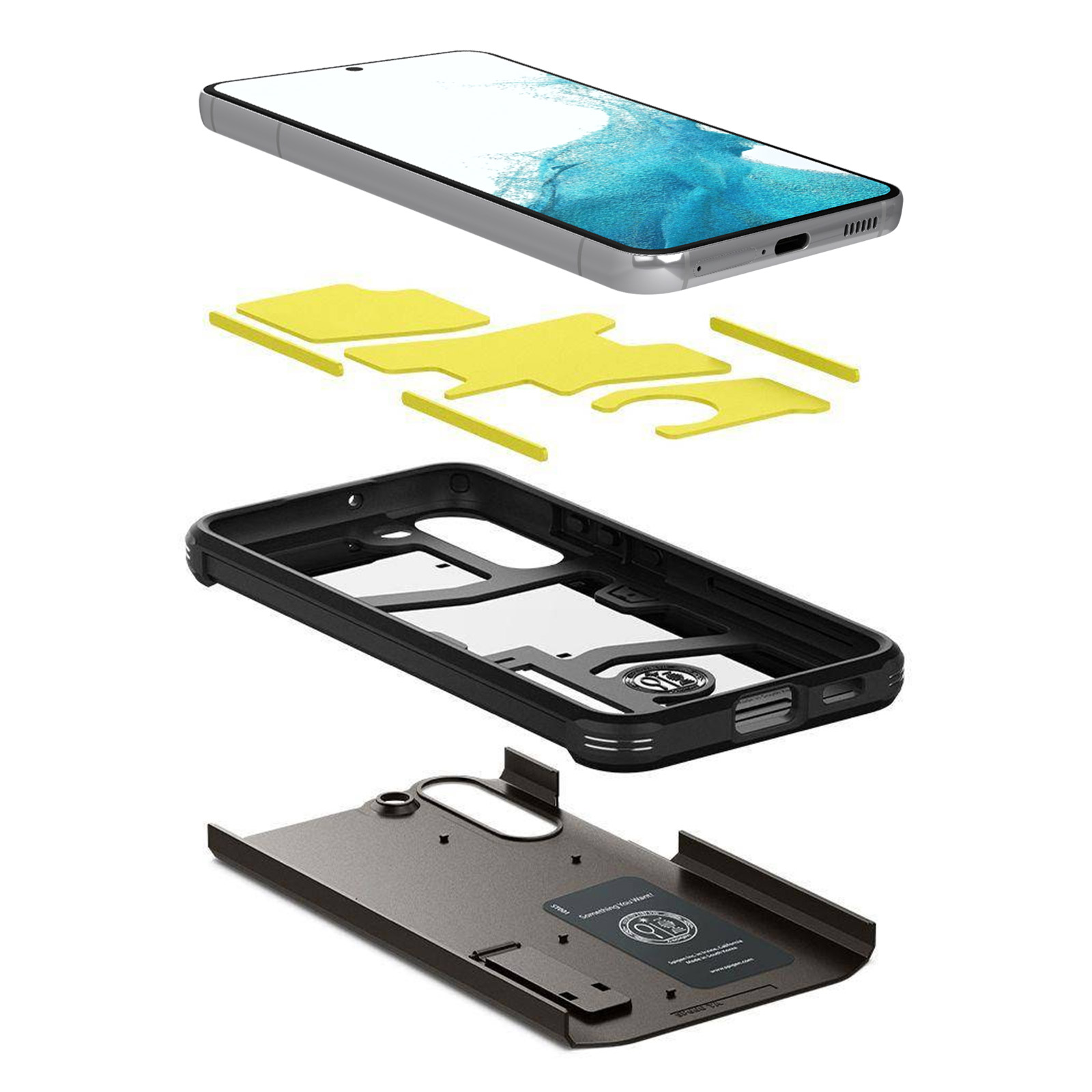 Uno smartphone, imbottitura gialla e cornice nera su sfondo bianco.