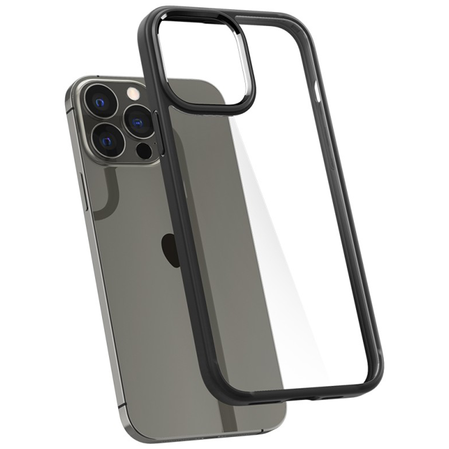 Telefoon en transparante hoes. De hoes zit op de telefoon. Witte achtergrond.
