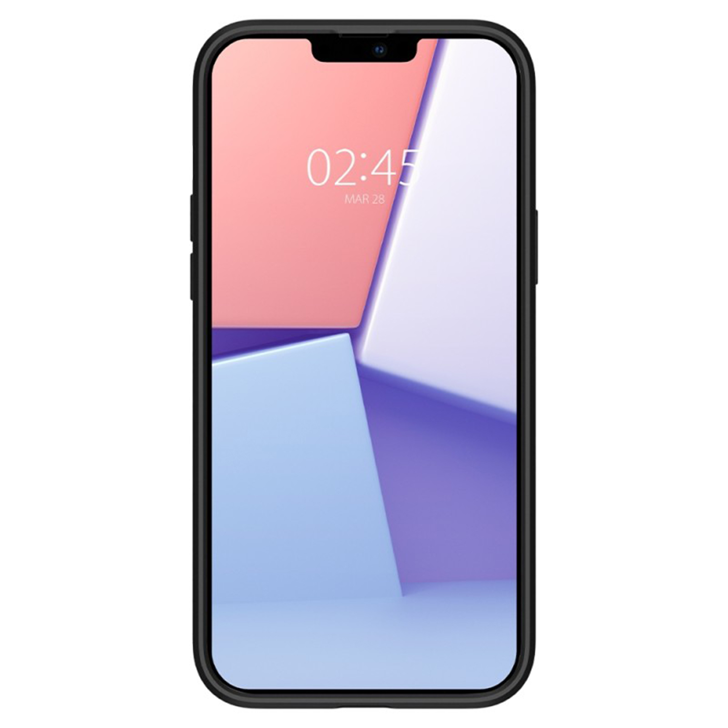 Zwarte telefoon met roze en blauwe abstracte afbeelding. De tijd is 02:45.