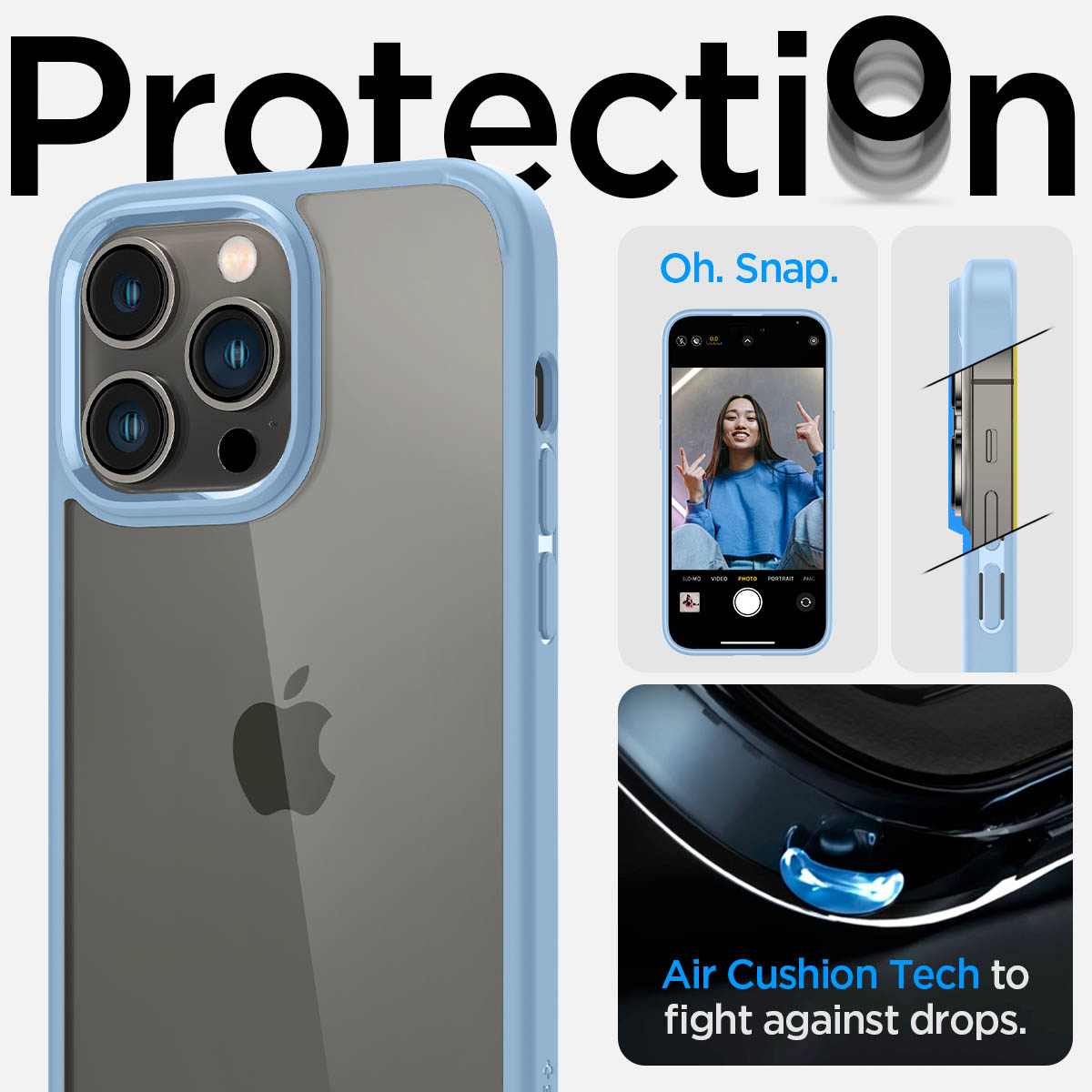 Een telefoonhoesje met een blauw frame. Er is een foto van een telefoon met een vrouw op het scherm.