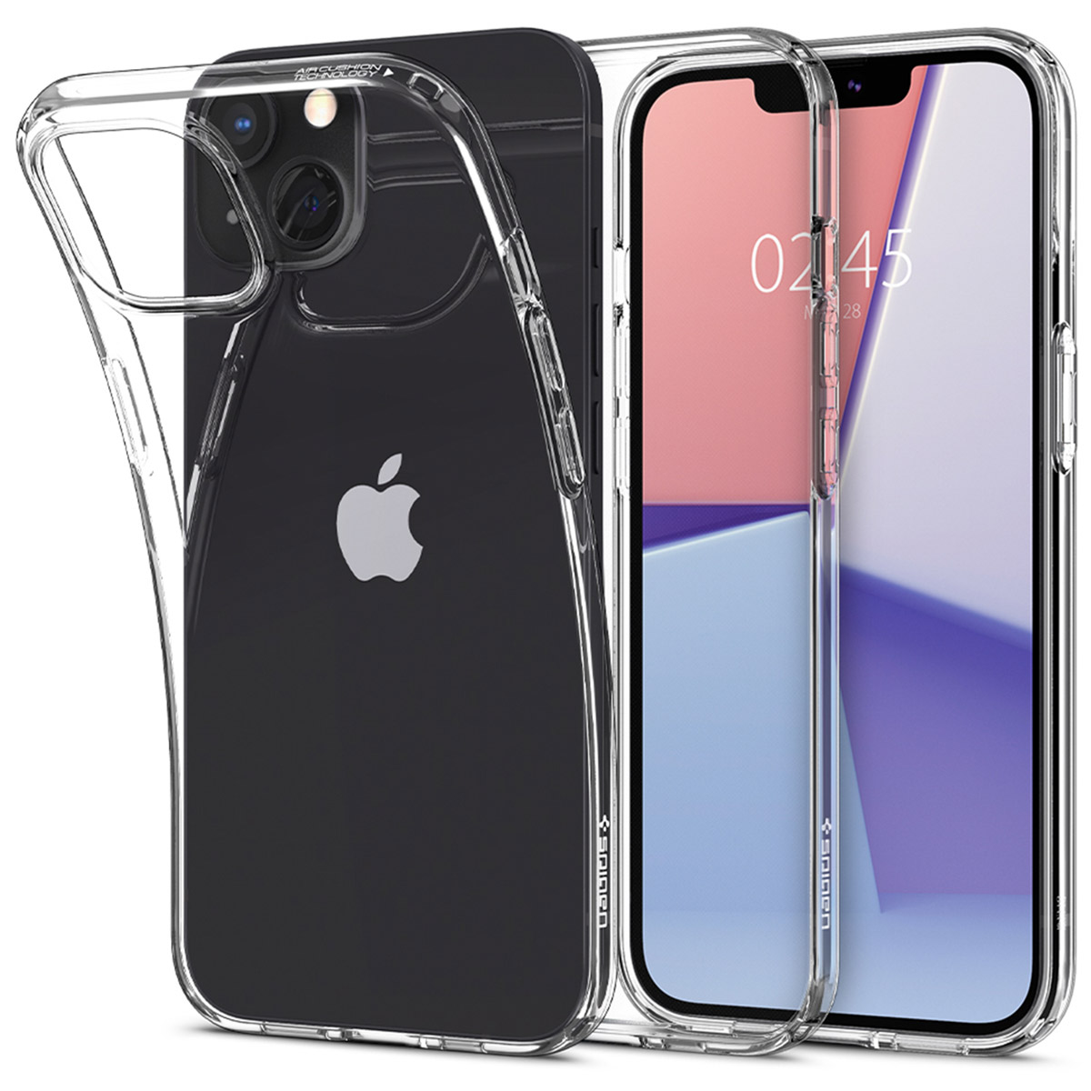 Een doorzichtige telefoonhoes met een iPhone 14 Pro Max ernaast.
