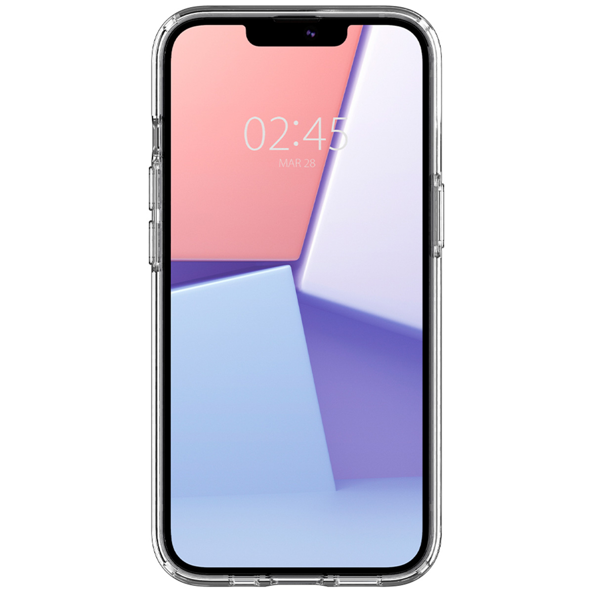 Een doorzichtige smartphonehoes met een abstracte achtergrond op het scherm.