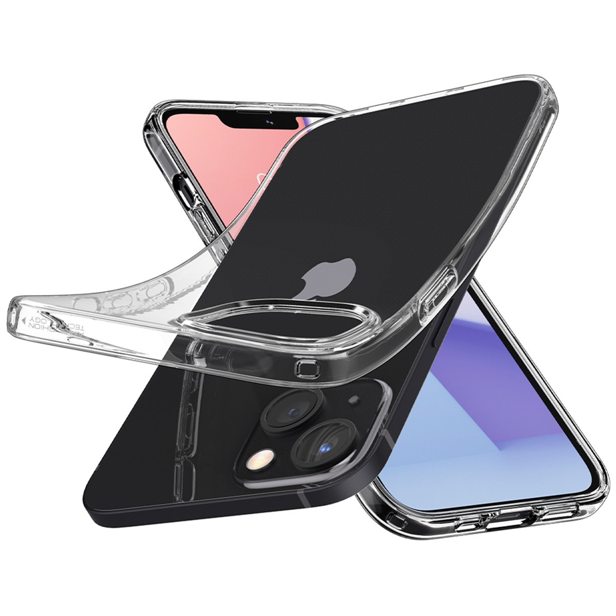 Transparante telefoonhoes op een zwarte iPhone, met cameralens en Apple-logo.