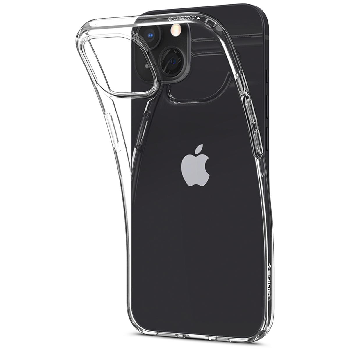 Transparante hoes op een zwarte iPhone. De telefoon is zichtbaar door de hoes. De achtergrond is wit.