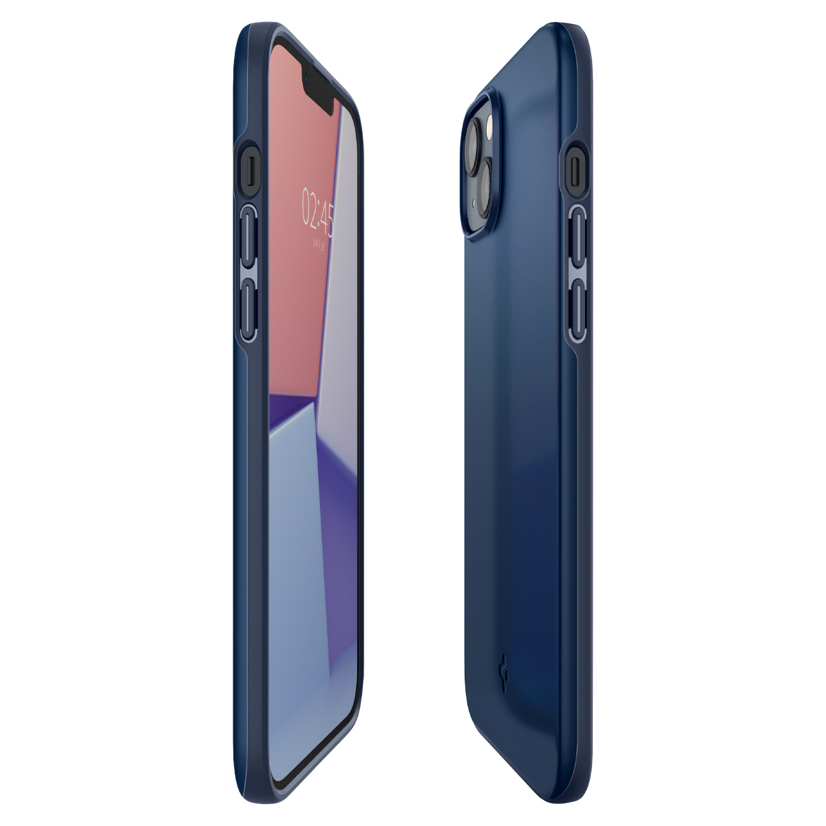 Due custodie per telefono blu navy. Una mostra lo schermo. L'altra mostra un profilo laterale.