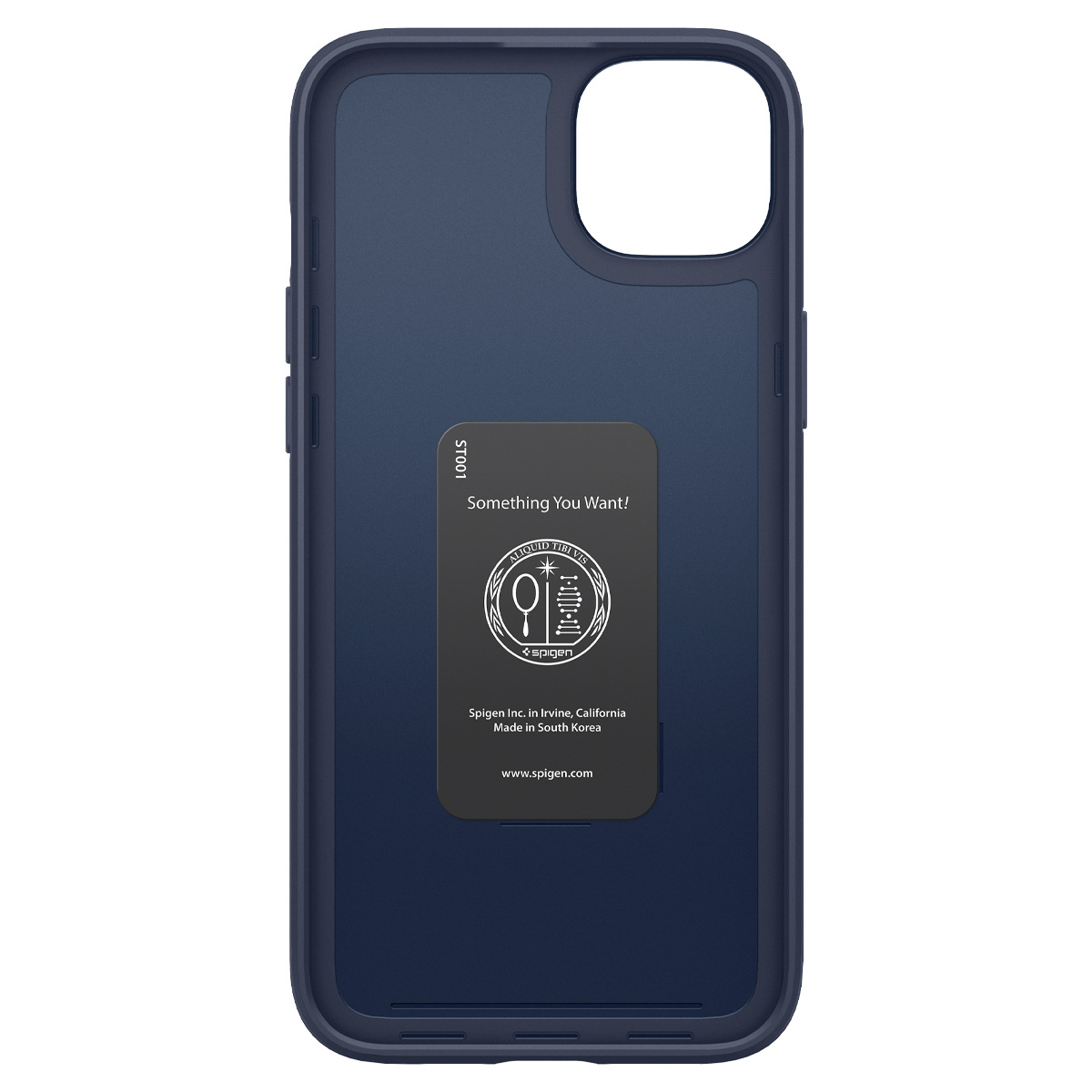 L'interno di una custodia blu per telefono. C'è un logo e del testo sulla custodia.