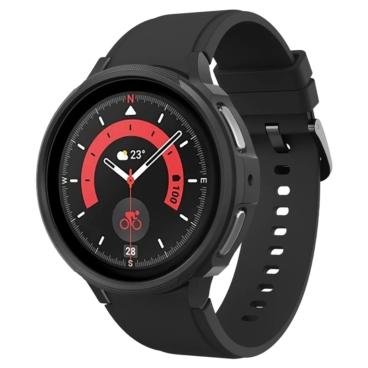 Czarny smartwatch z czarną obudową i czerwonym wyświetlaczem.